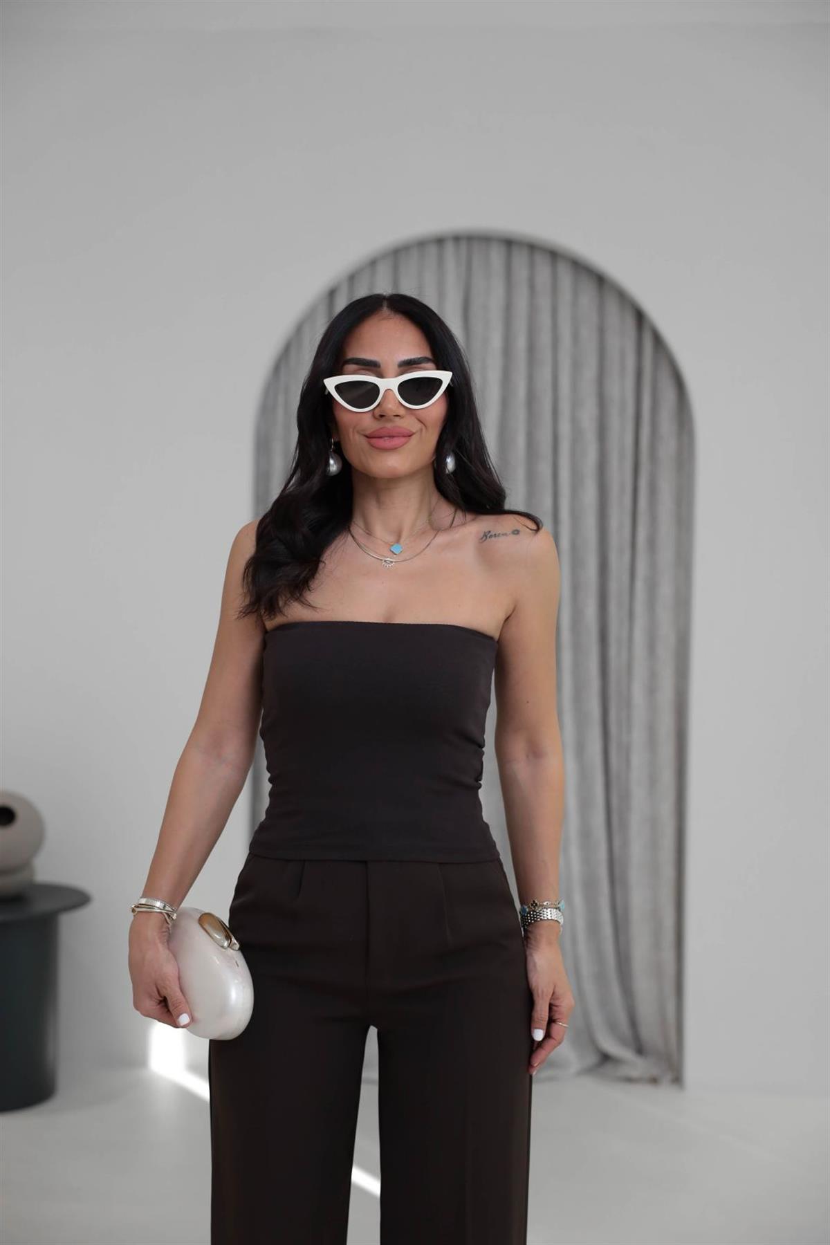 0659 Pamuklu Straplez Body KOYU KAHVE