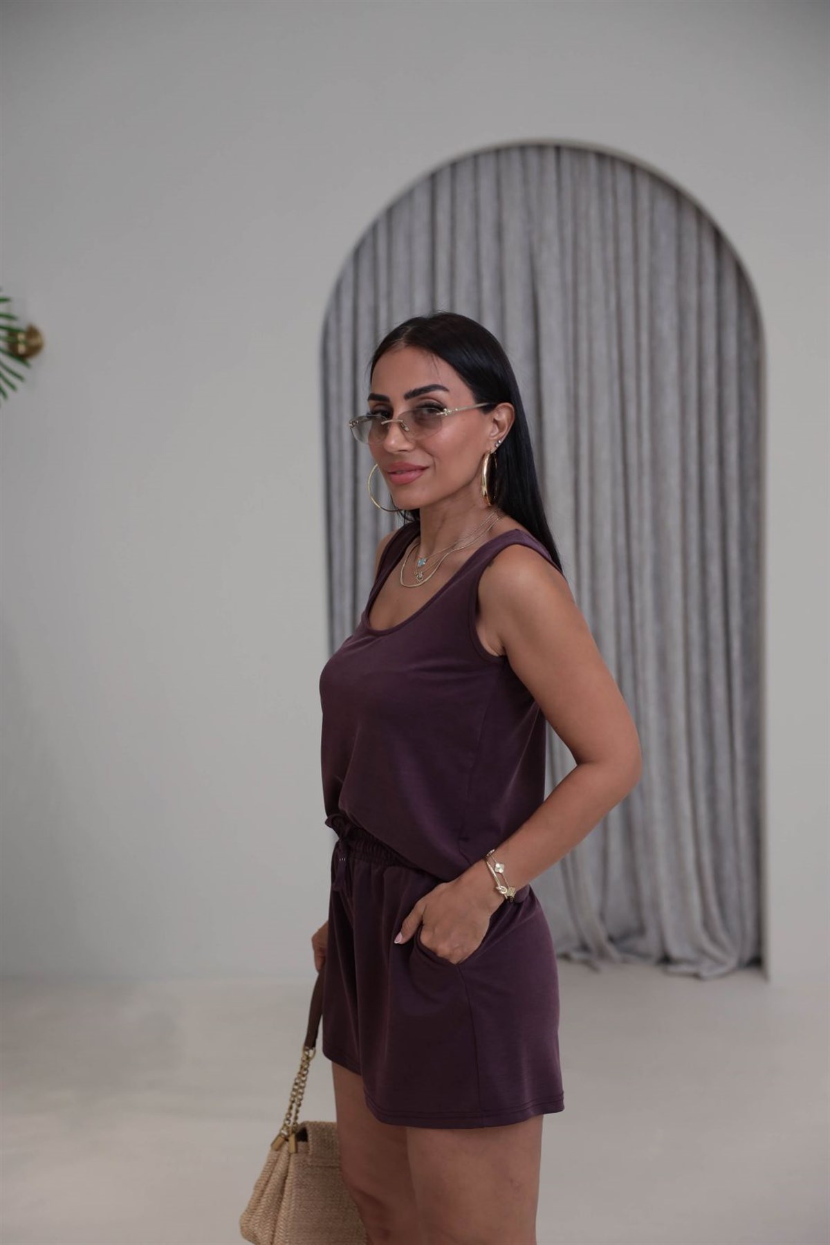 2464 Kalın Askılı Şortlu Tencel Takım MÜRDÜM