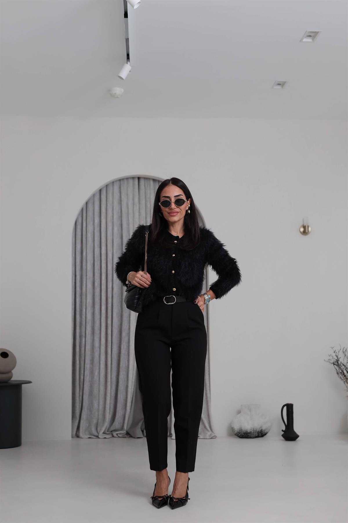 2679 Köprülü Kemer Detaylı Kumaş Pantolon SİYAH