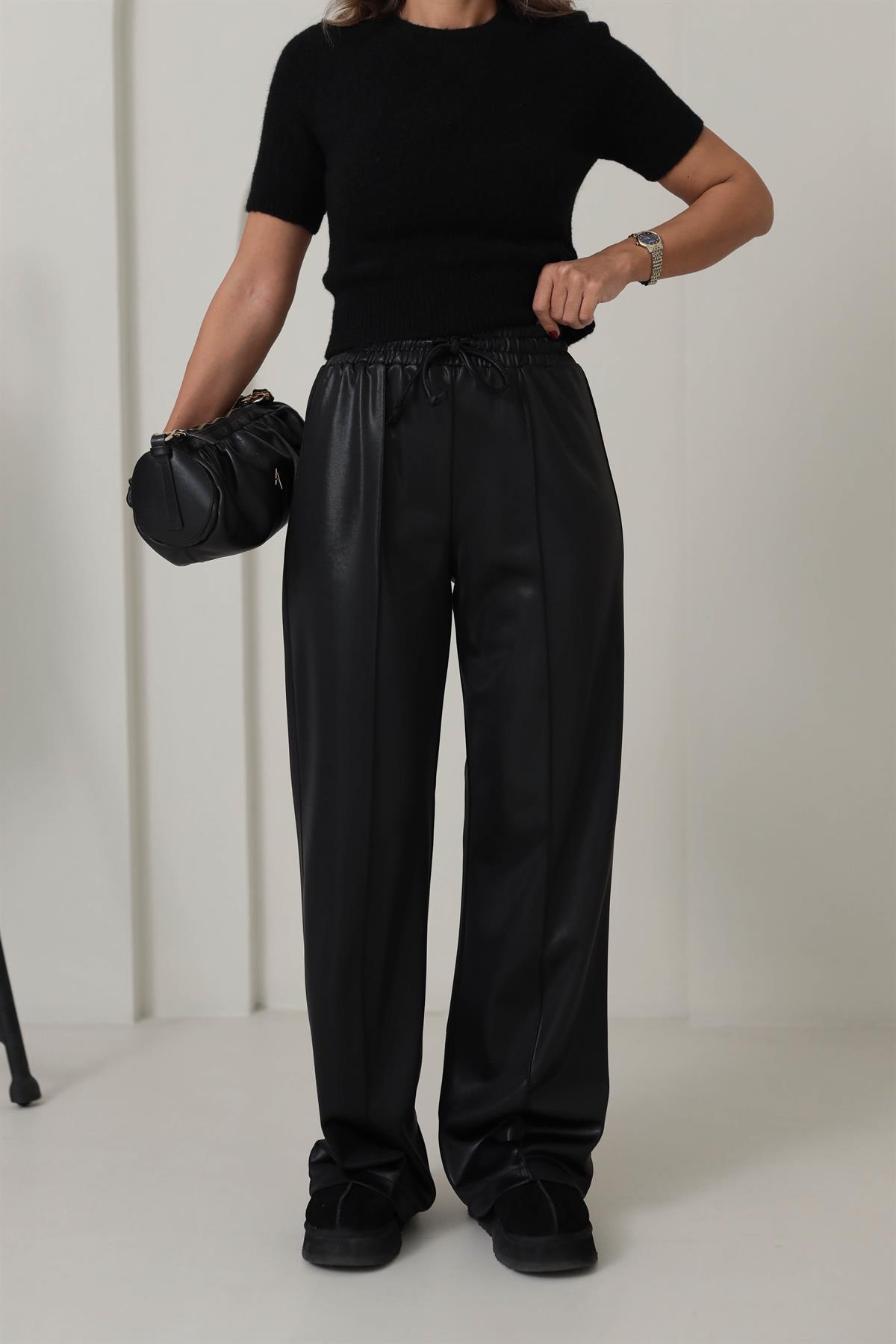 0907 Önü Çimalı Deri Palazzo Pantolon