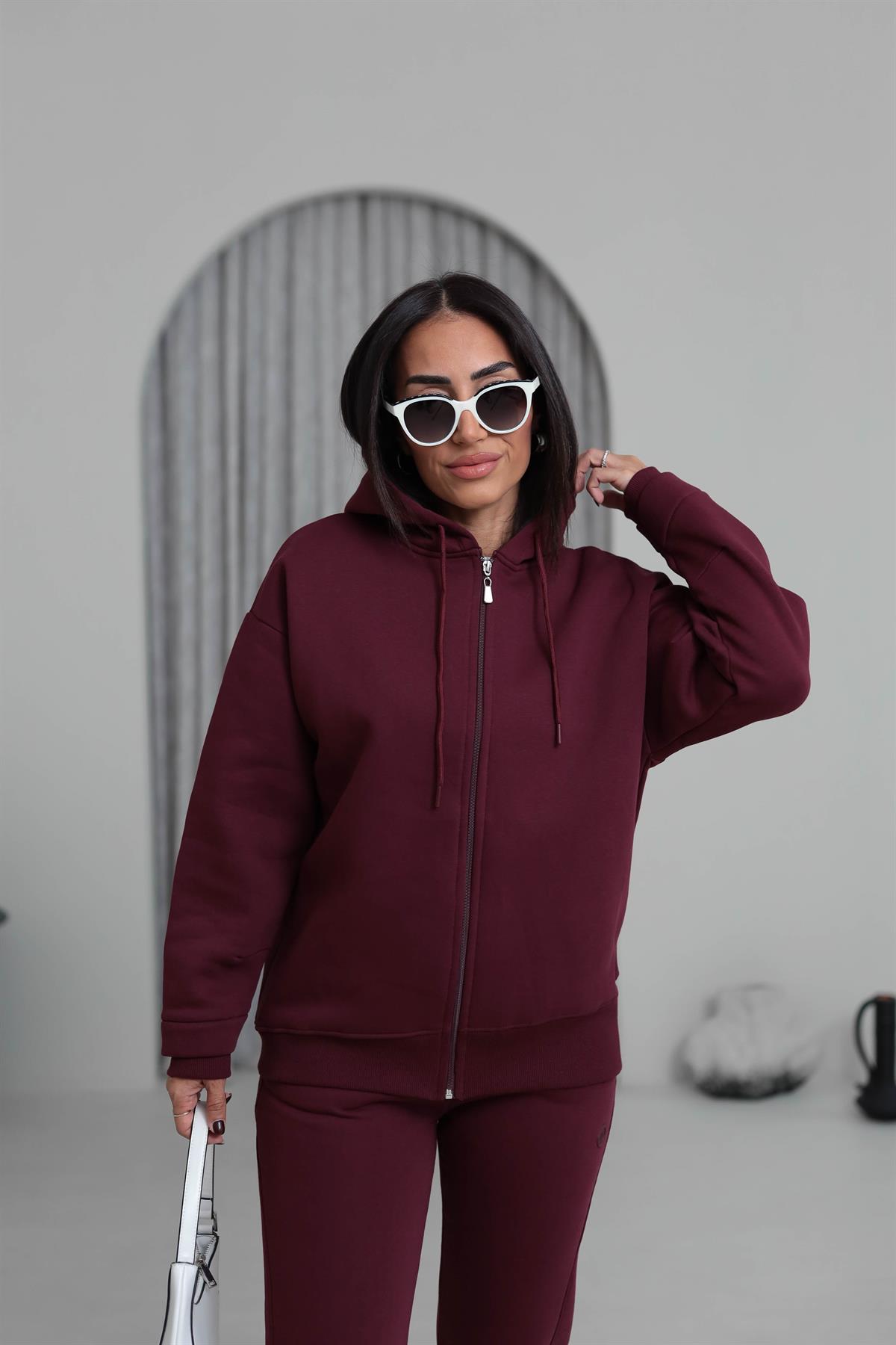 7316 Kapşonlu Fermuarlı Şardonlu Sweatshirt BORDO