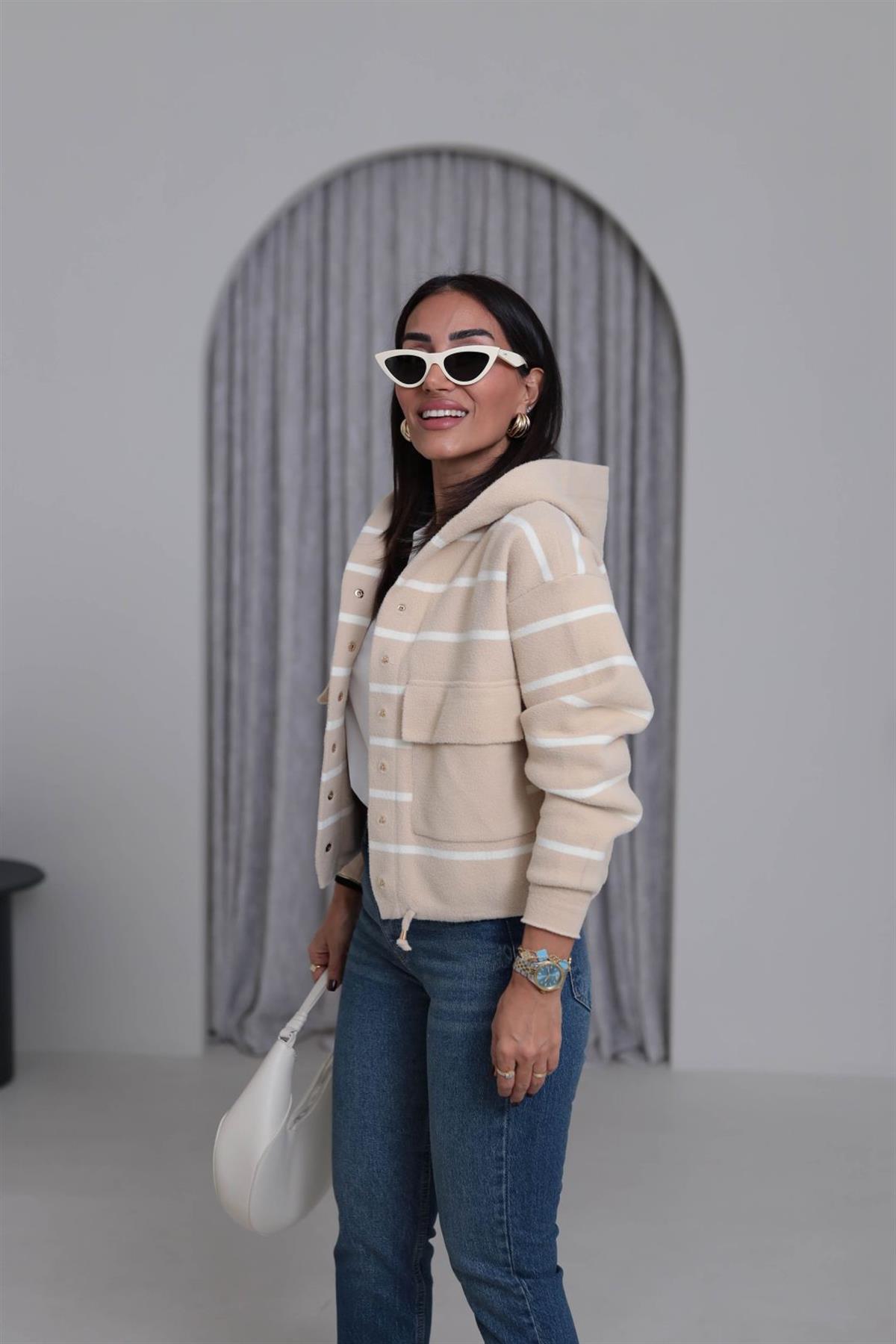 4600 Gold Düğme Detaylı Çizgili Angora Ceket KREM