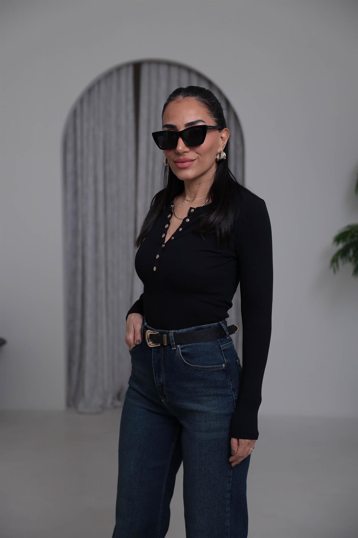 6363K Patlı Gold Düğmeli Pamuklu Bluz SİYAH