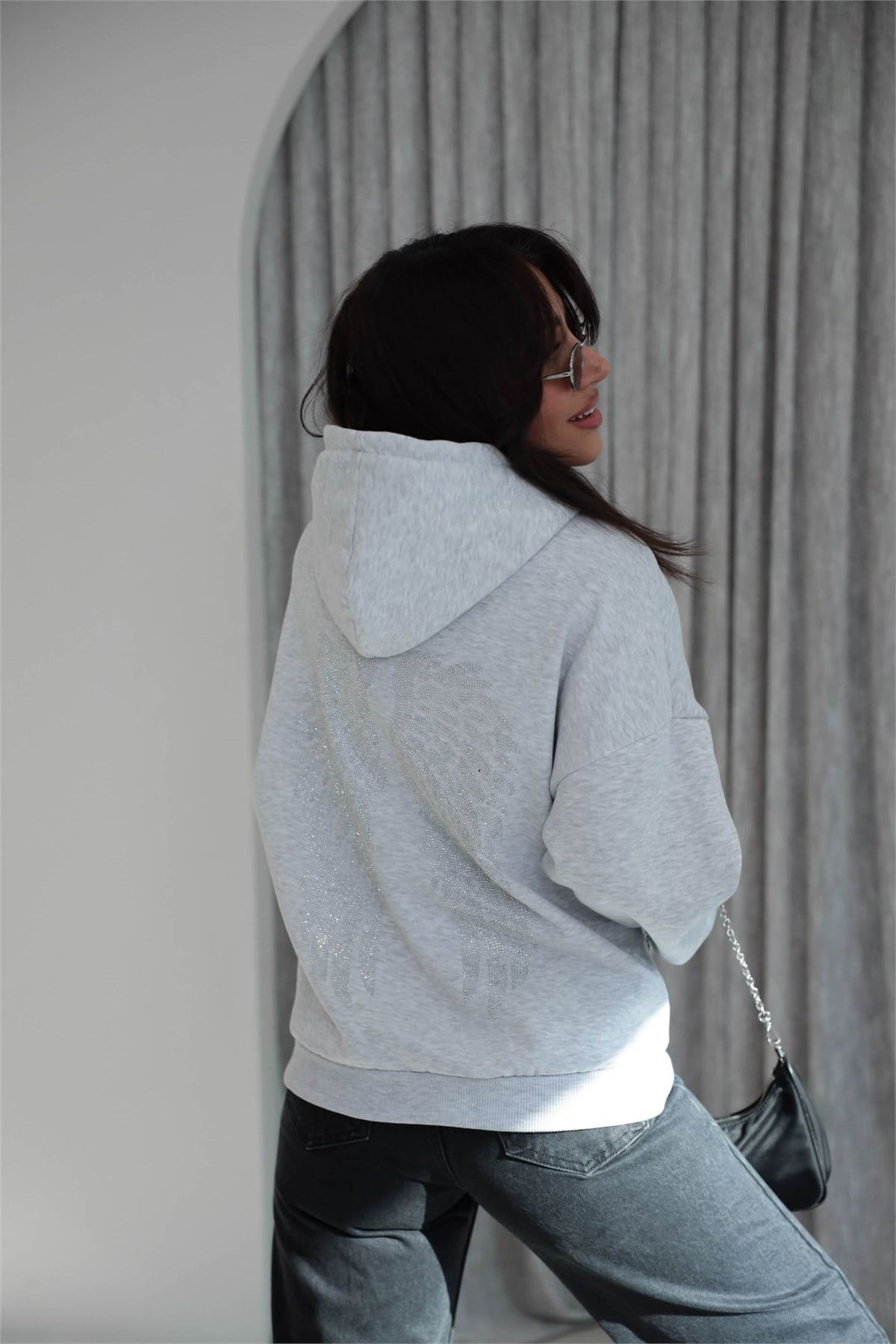 4290 Sırtı Taşlı Kapşonlu Sweatshirt GRİ
