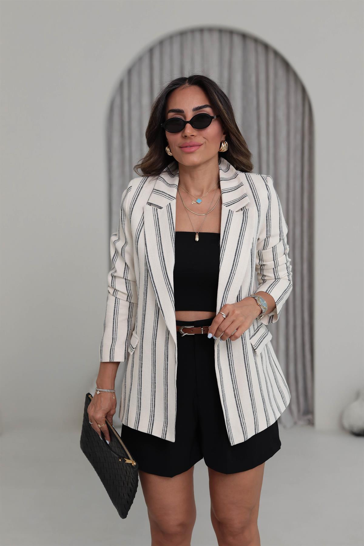 9424 Çizgili Keten Blazer Ceket SİYAH