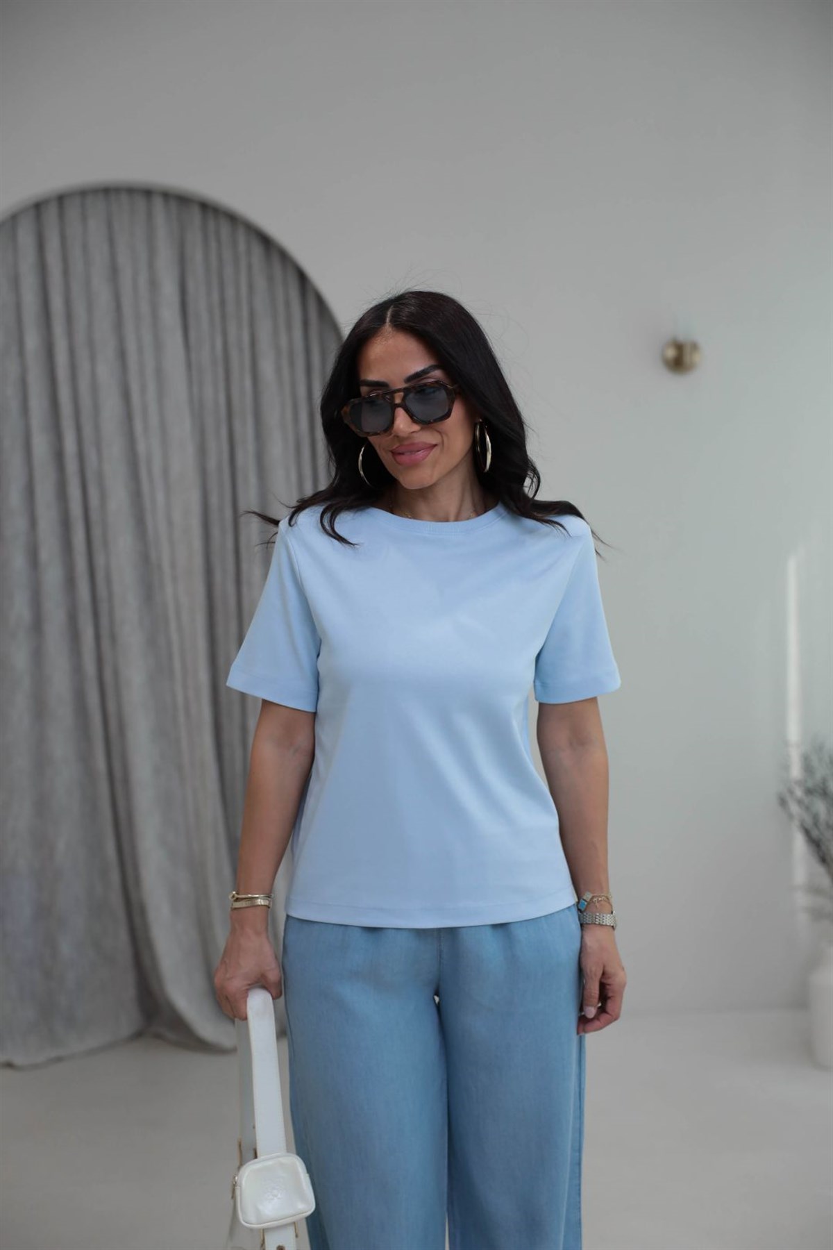 6074 Bisiklet Yaka Pamuklu Basic Tshirt BEBE MAVİ