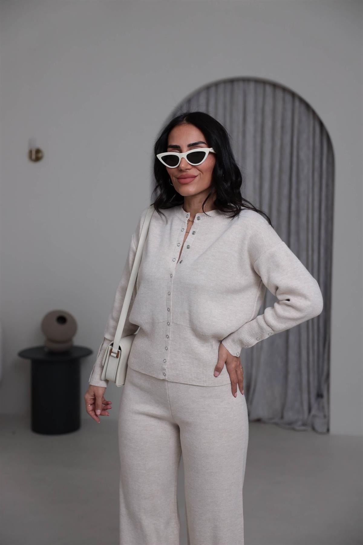 0129 Bisiklet Yaka Çıtçıt Detaylı Triko Takım TAŞ