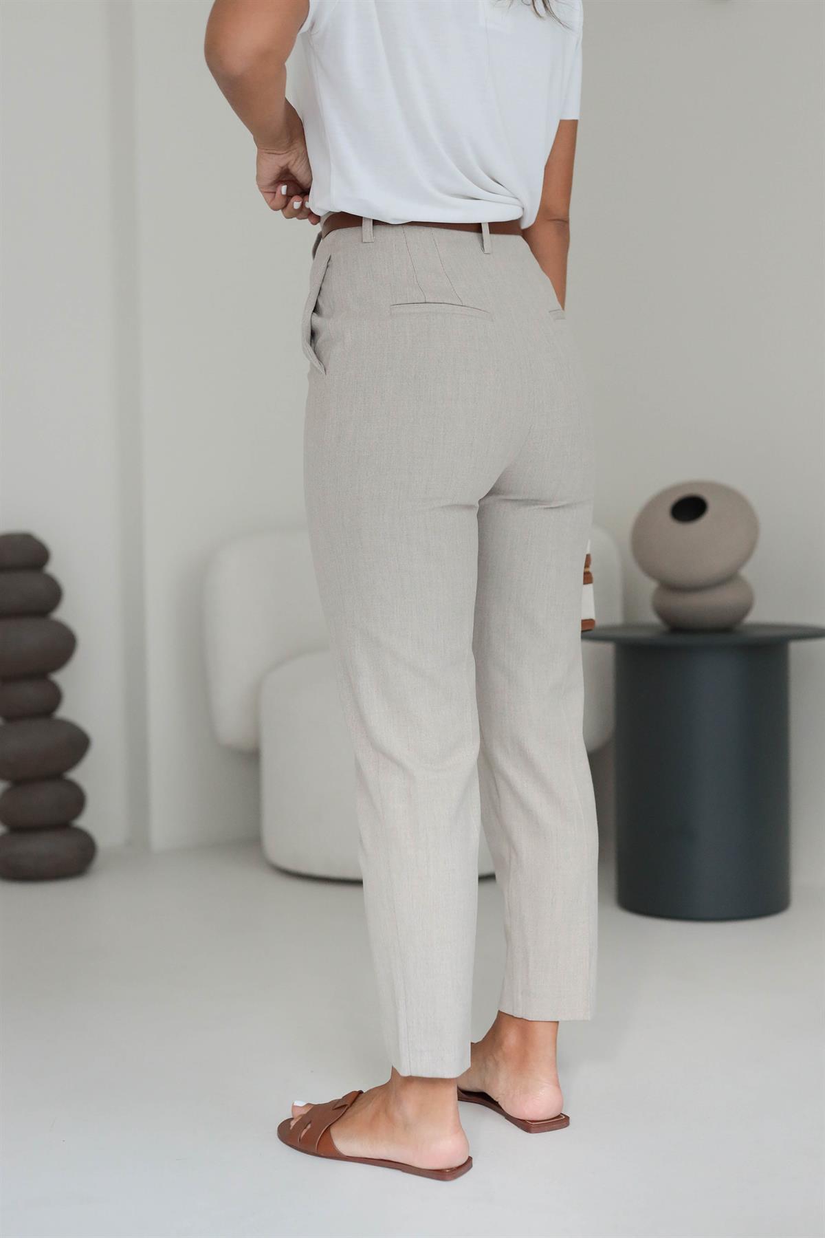 1293 Kemerli Yüksek Bel Havuç Pantolon TAŞ