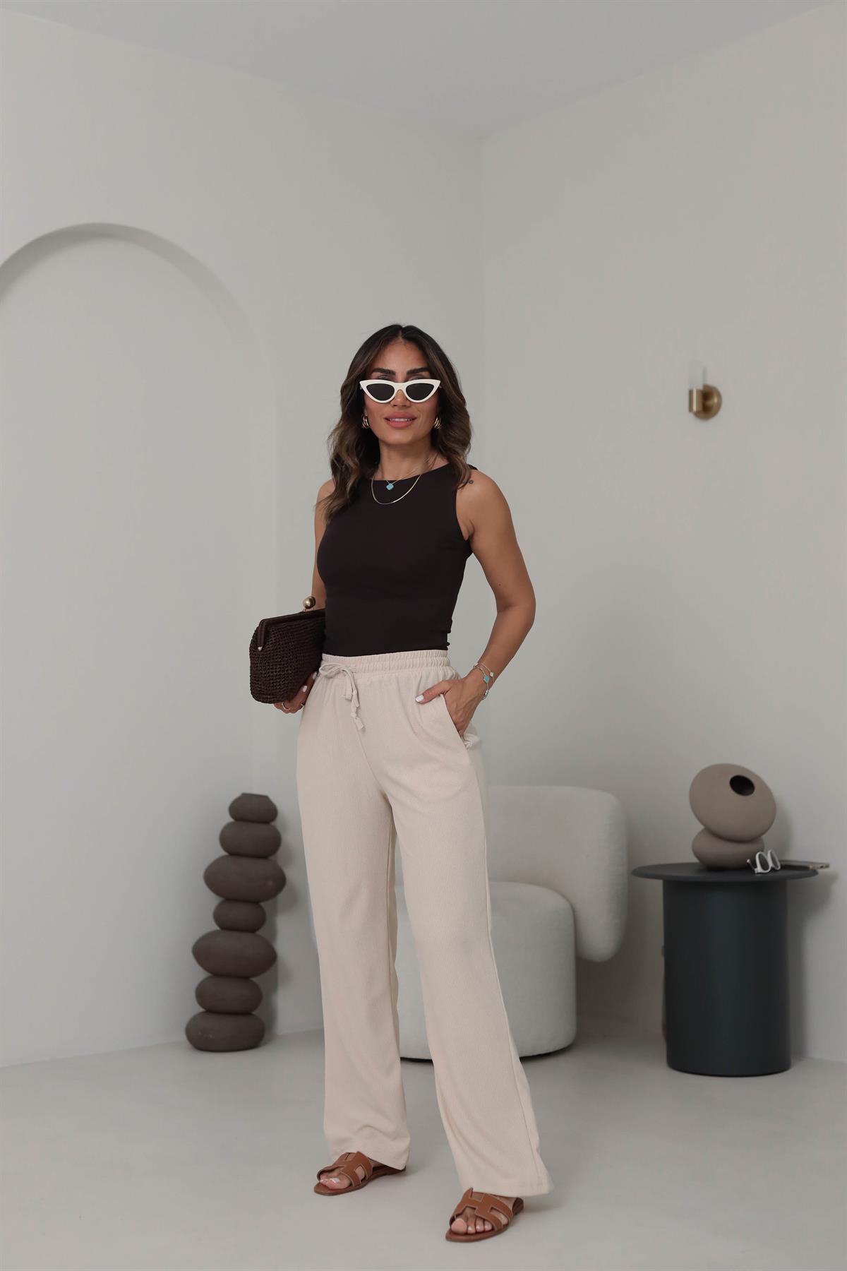 0104 Bol Paça Beli Lastikli Örme Pantolon PUDRA