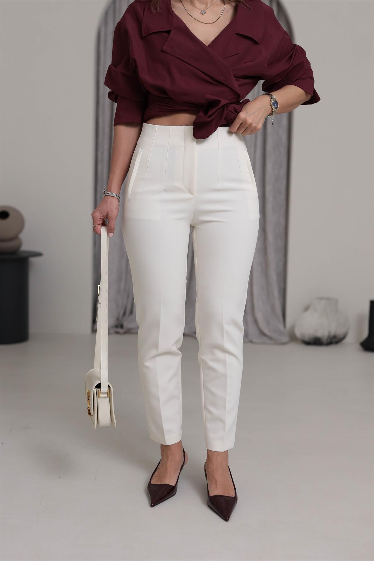 U5113-K Önü Flotalı Kumaş Pantolon KREM