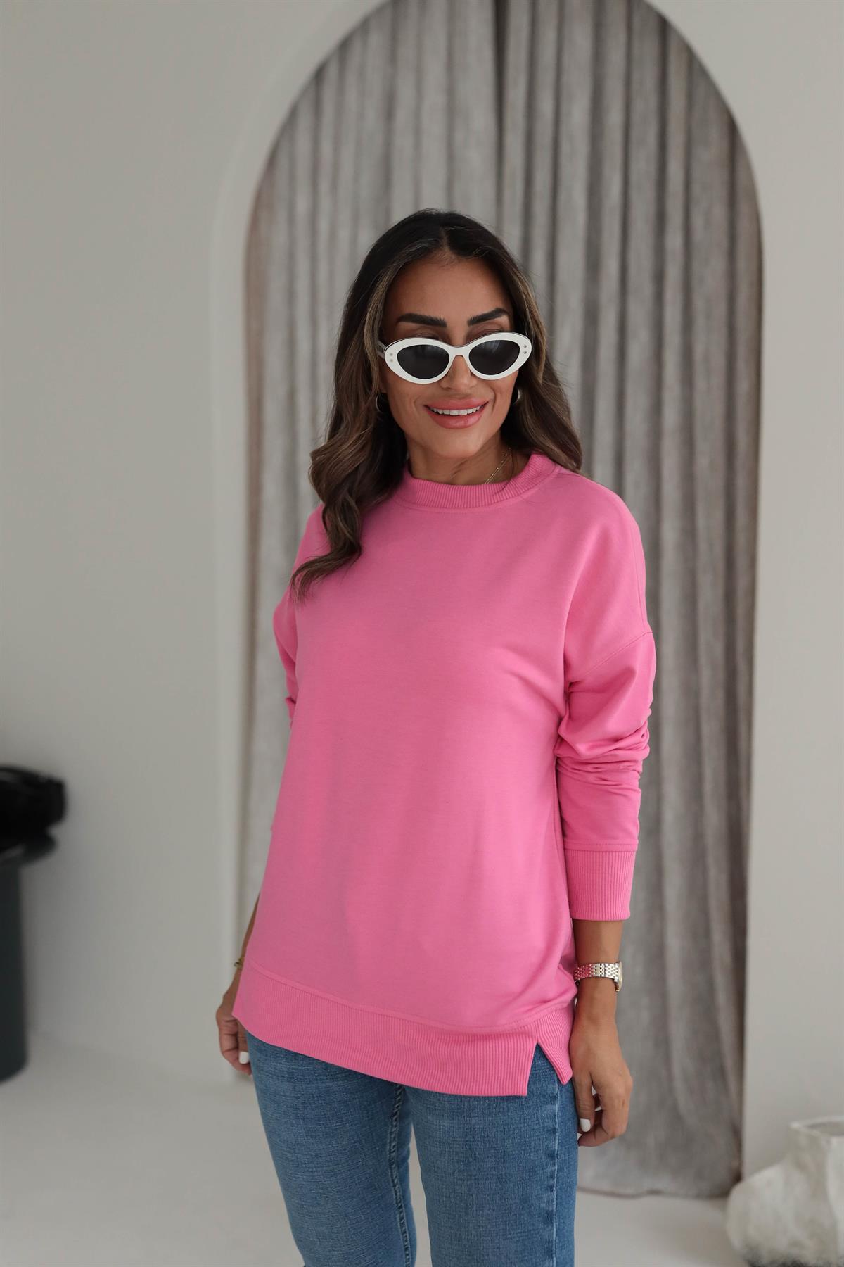 9002 Düz Basic Sweatshirt PEMBE