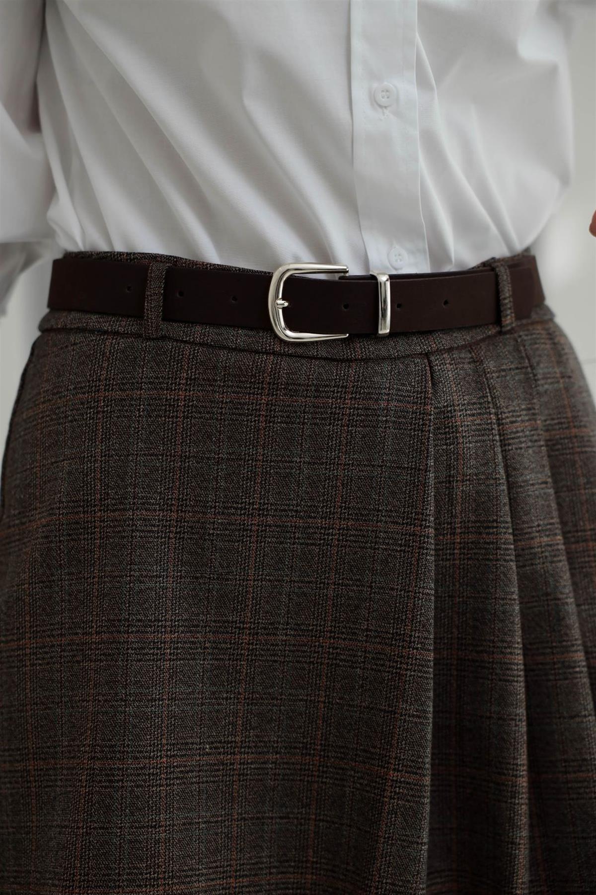 7210 Kemerli Ekoseli Şort Etek KAHVE