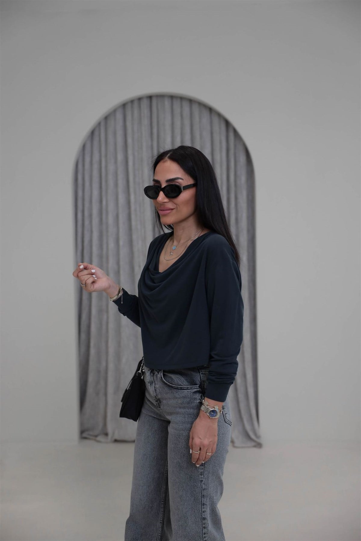 2424 Degaje Yaka Modal Bluz ANTRASİT