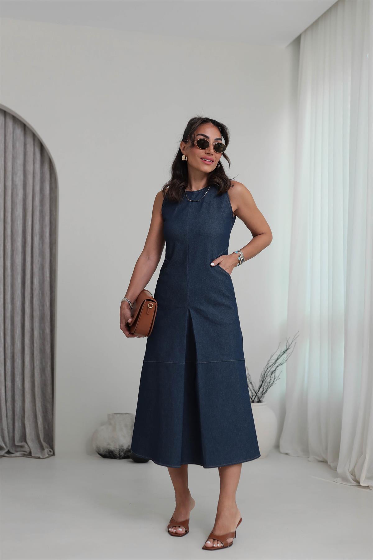 9901 Sıfır Kol Dikiş Detay Likralı Elbise LACİVERT