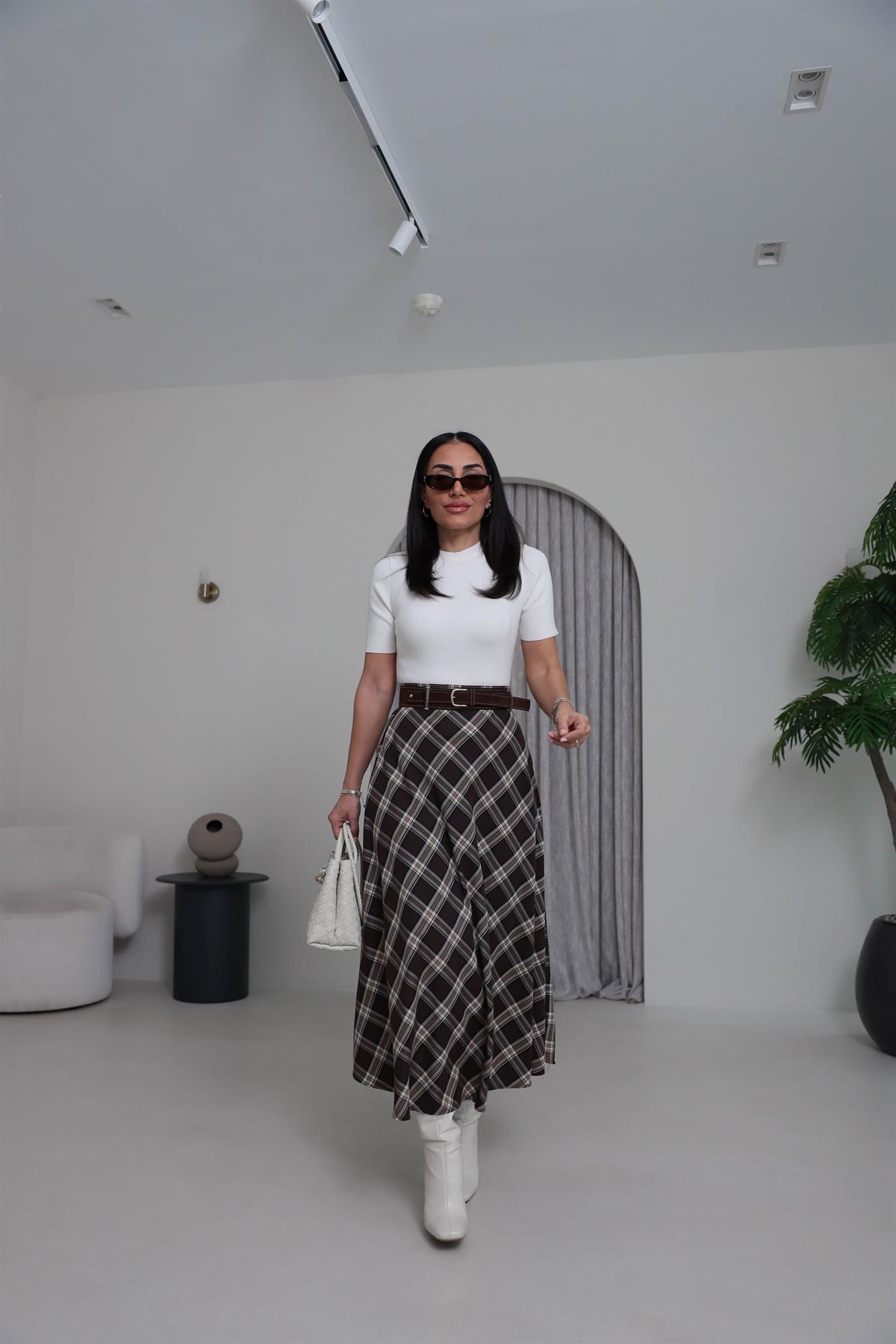 8461 Süet Kemerli Ekose Maxi Etek KAHVE