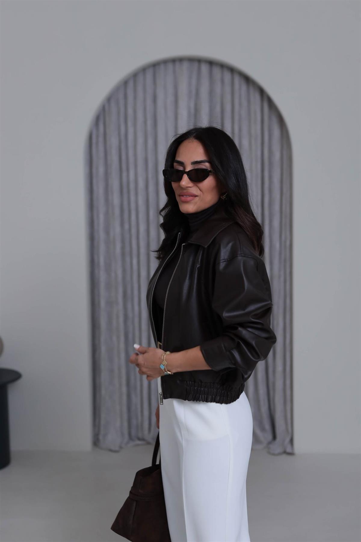 3128 Bel Lastikliı Suni Deri Bomber Ceket ACI KAHVE