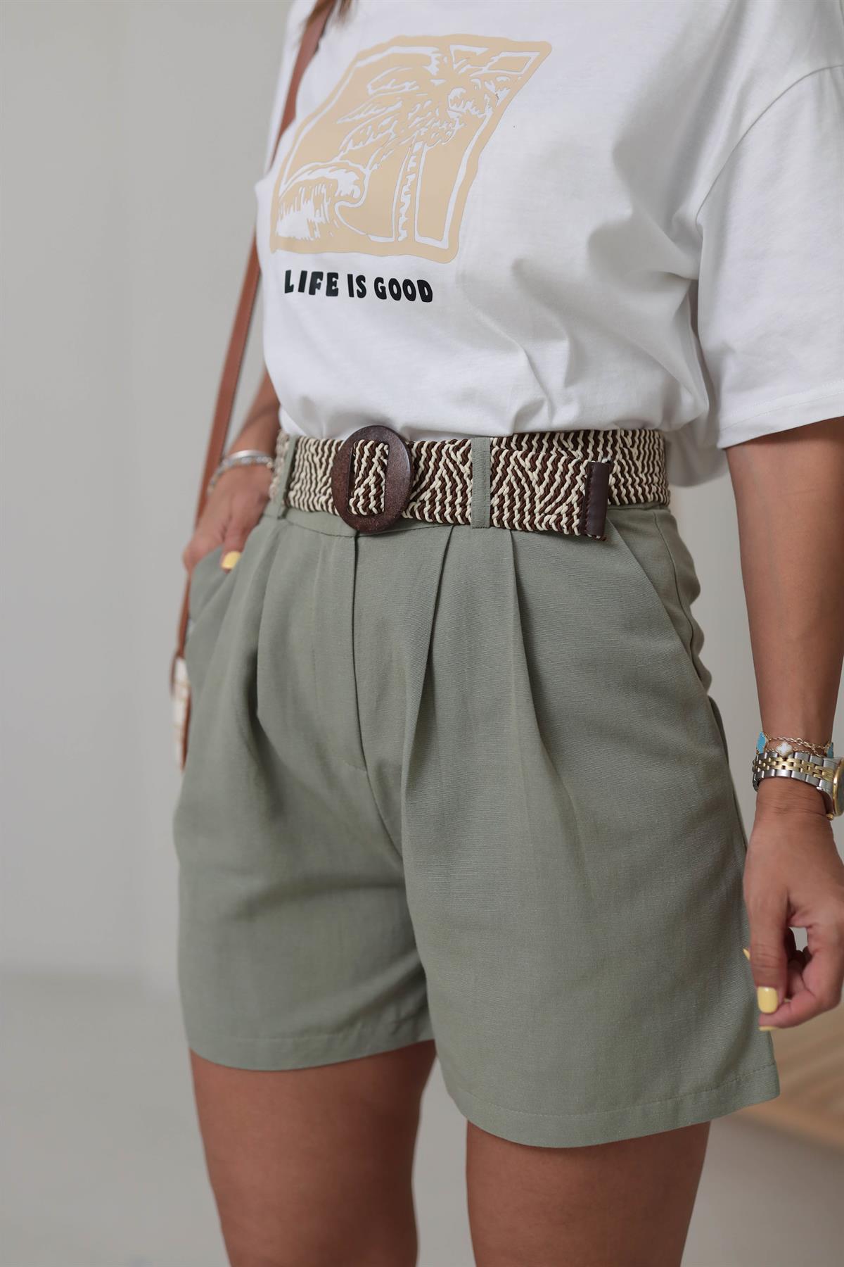 0317 Kemerli Rahat Keten Şort HAKİ YEŞİL