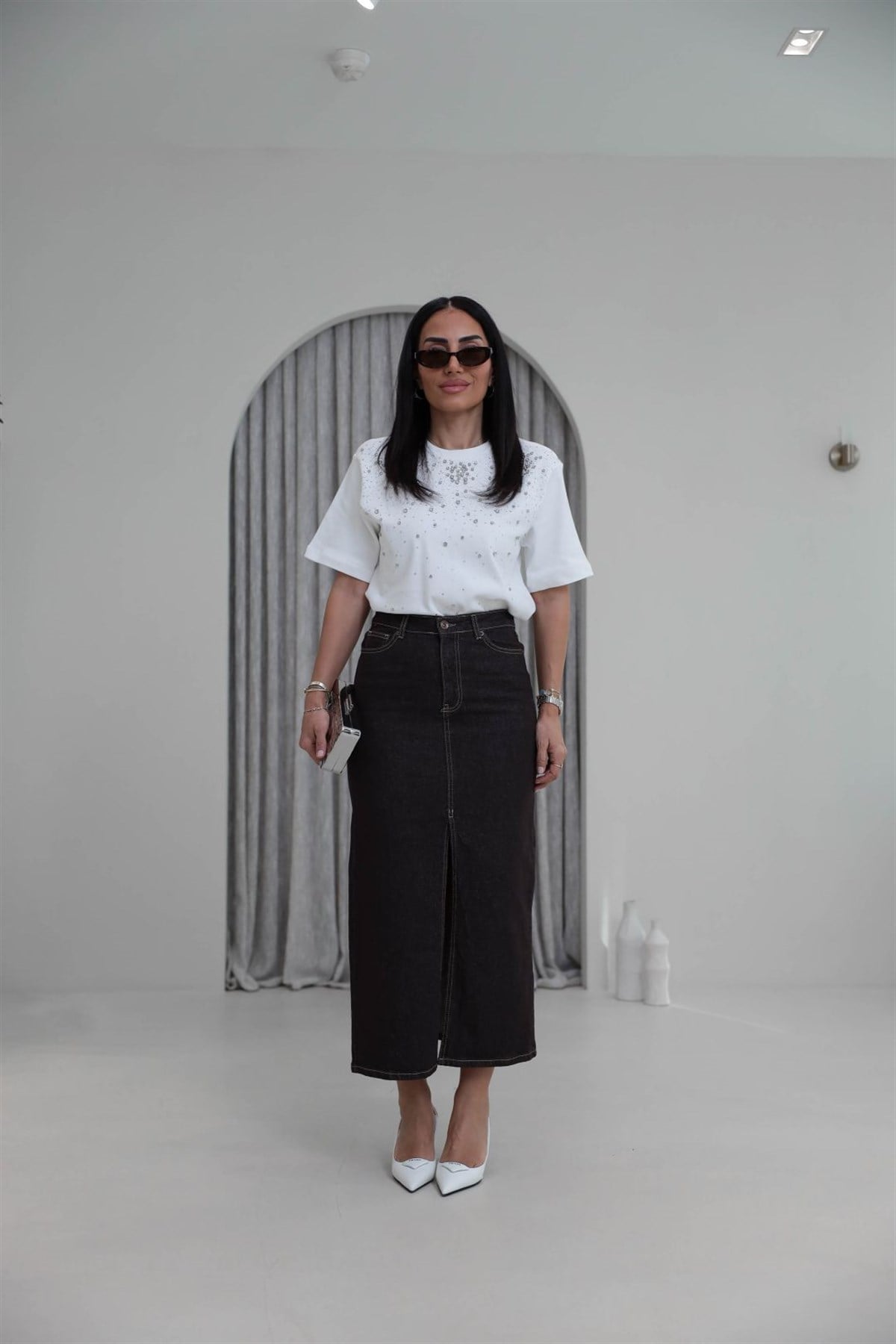 1020 Uzun Yırtmaçlı Kot Kalem Etek KAHVE