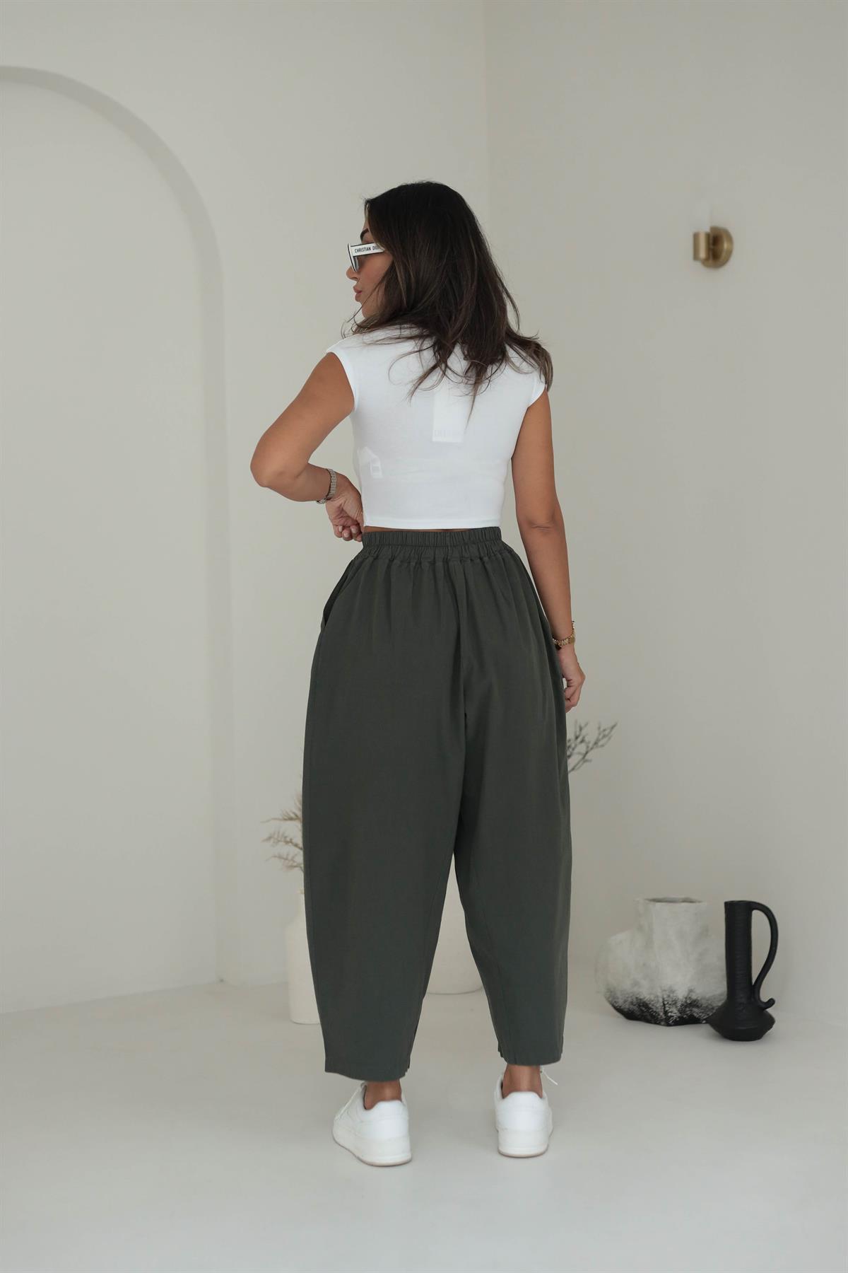 1518 Önden Pileli Salaş Pantalon HAKİ YEŞİL