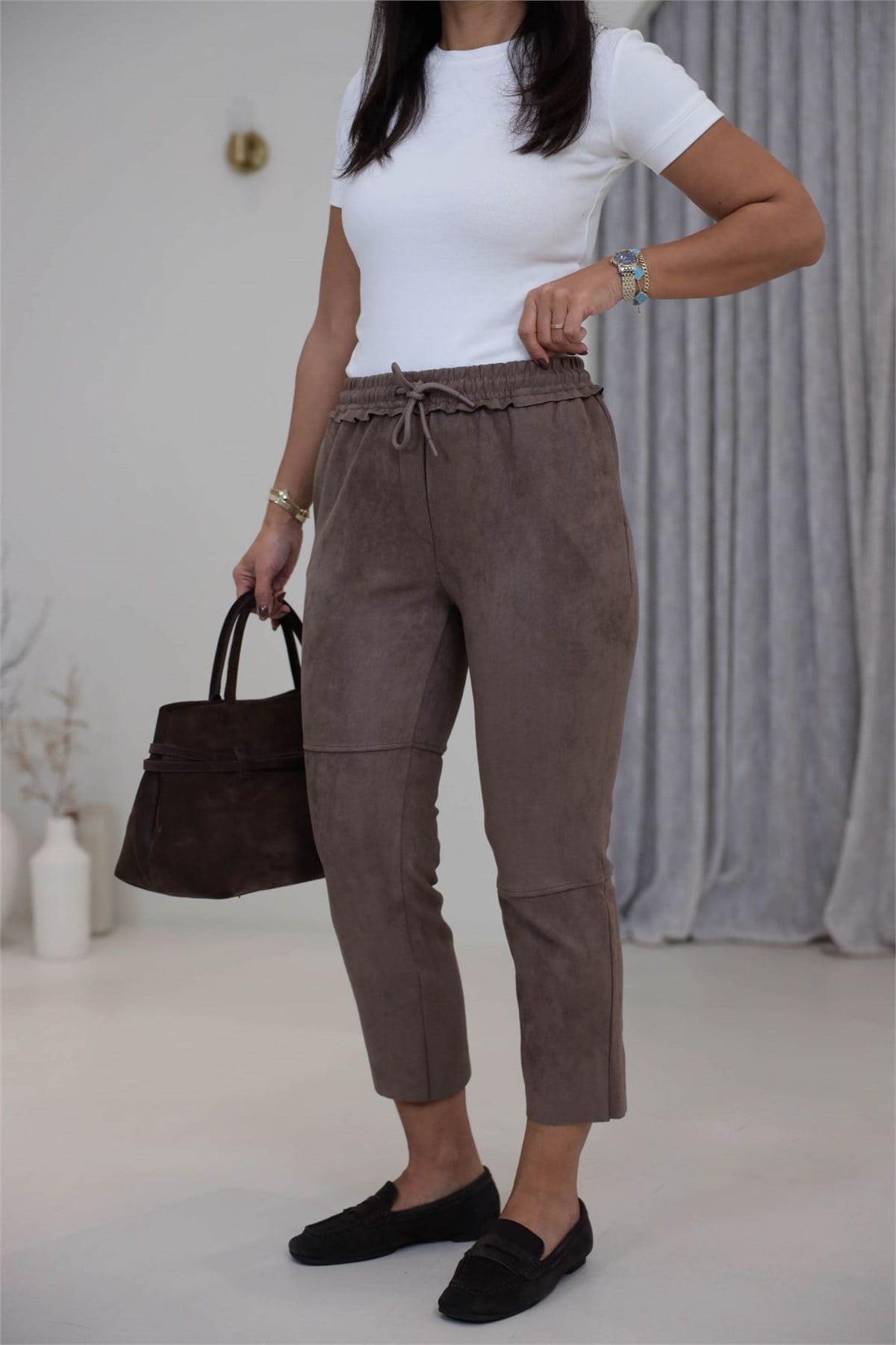0165 Bel Lastikli Süet Pantolon VİZON