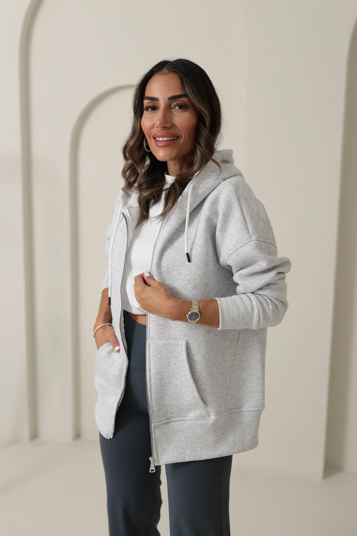 0068 Kapşonlu Fermuarlı Sweatshirt GRİ
