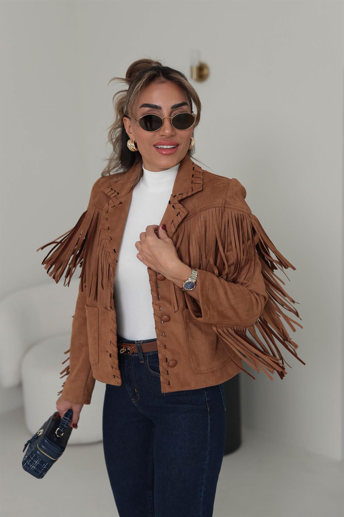 5505 Püskül Detaylı Süet Ceket TABA