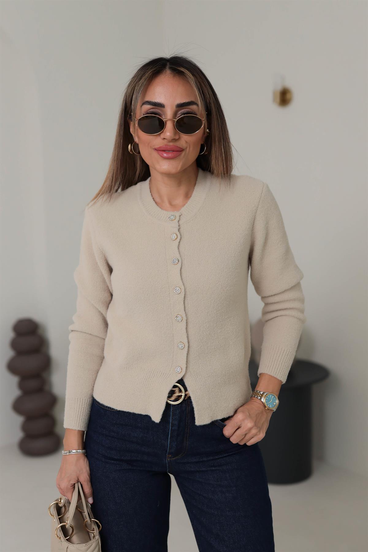 2436 Bisiklet Yaka Taş Düğmeli Yumoş Hırka BEJ