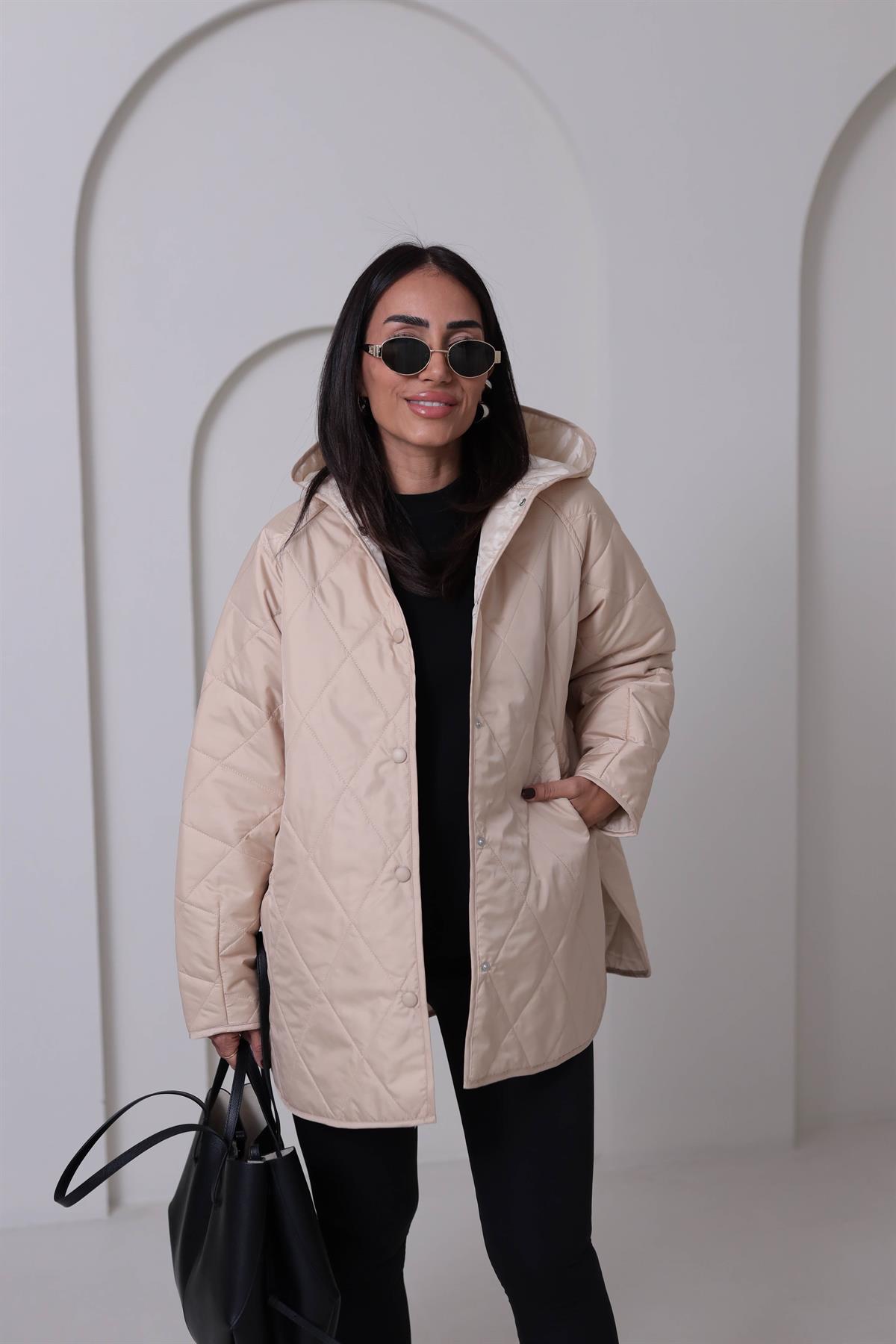 4211 Kapitone Kapşonlu Oversize Mont BEJ