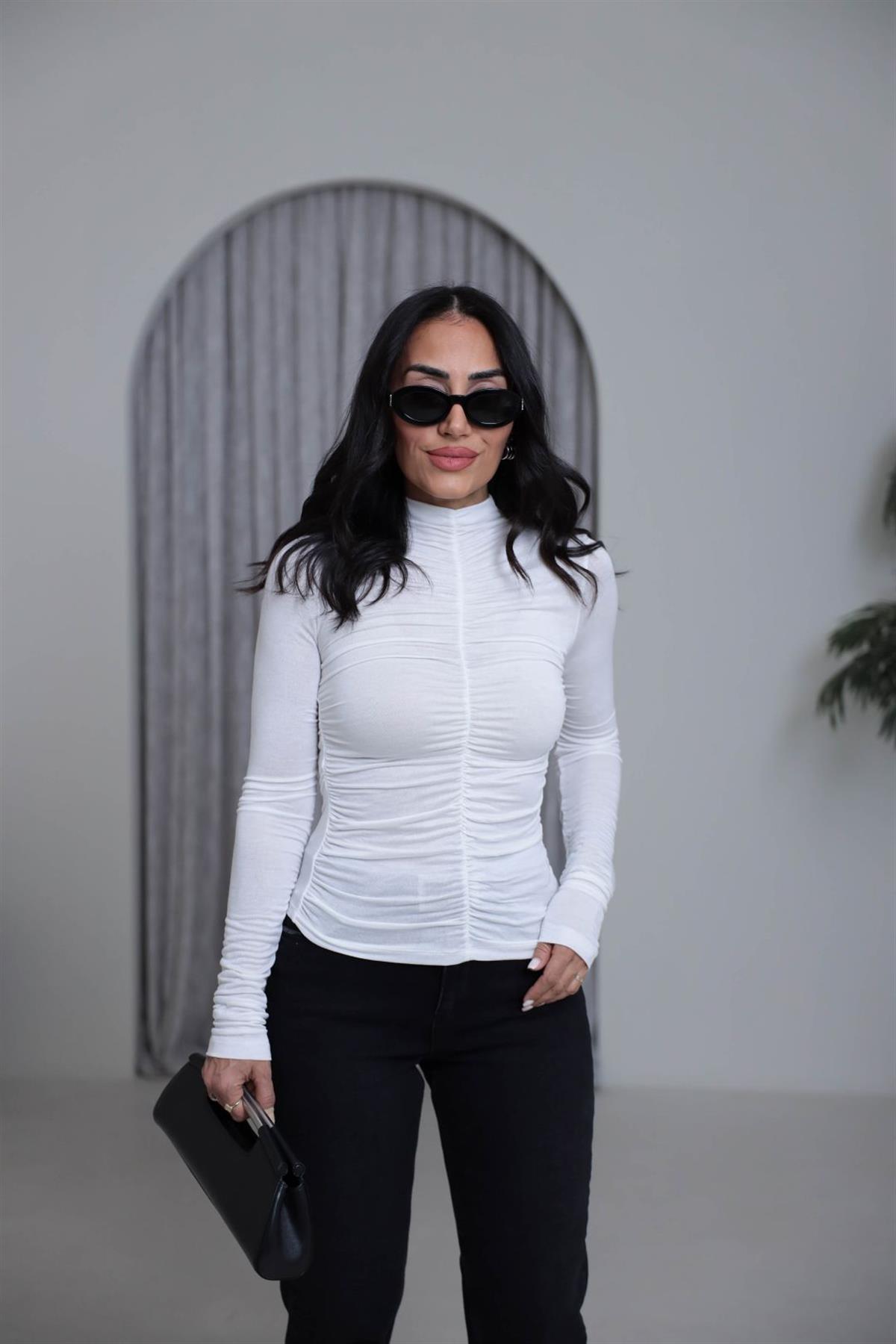 1036 Dik Yaka Drapeli Transparan Bluz BEYAZ