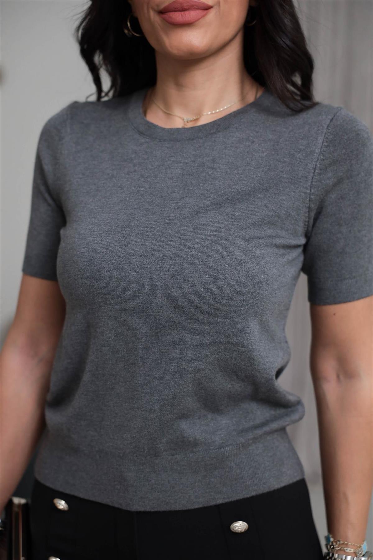 0779 Bisiklet Yaka Kısa Kol Basic Triko Bluz KOYU GRİ