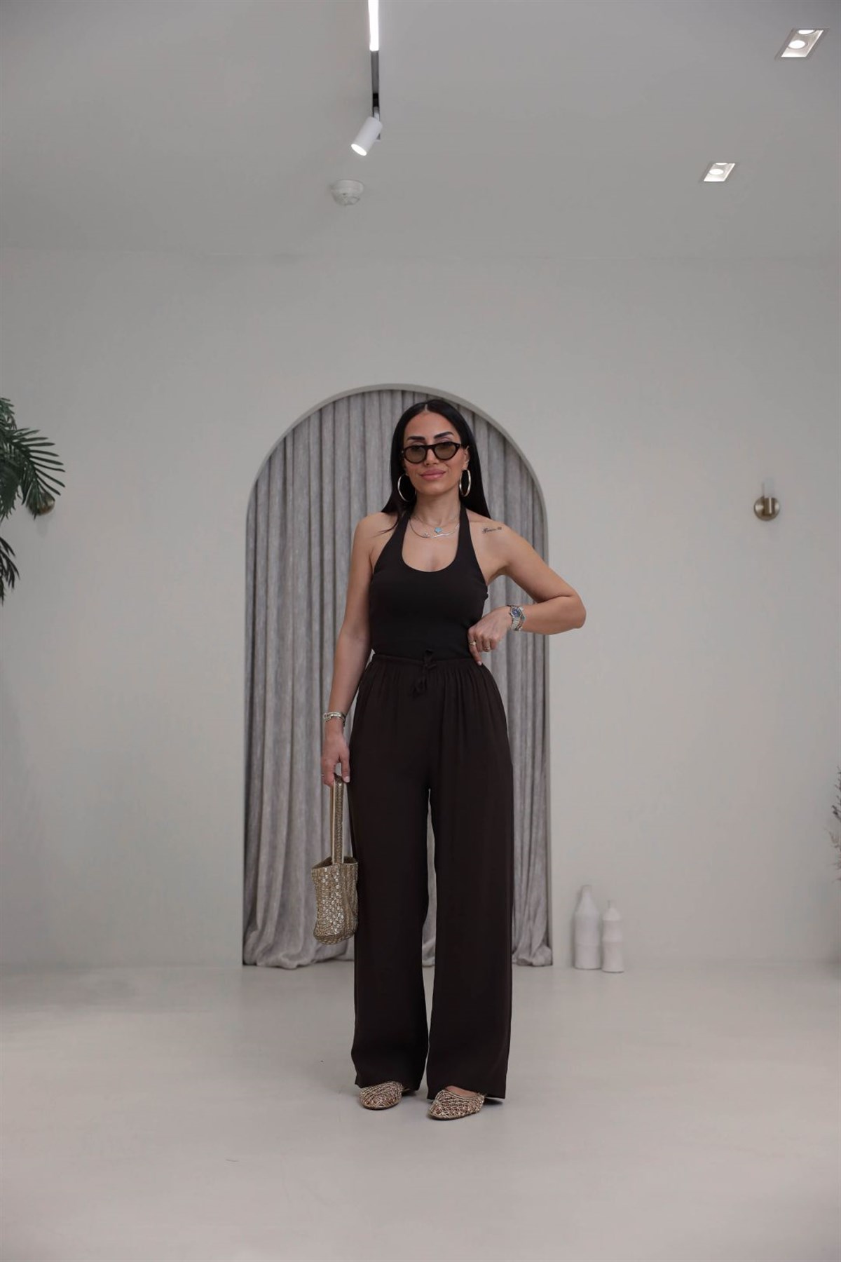 9819 Beli Bağcıklı Cupra Pantolon KAHVE