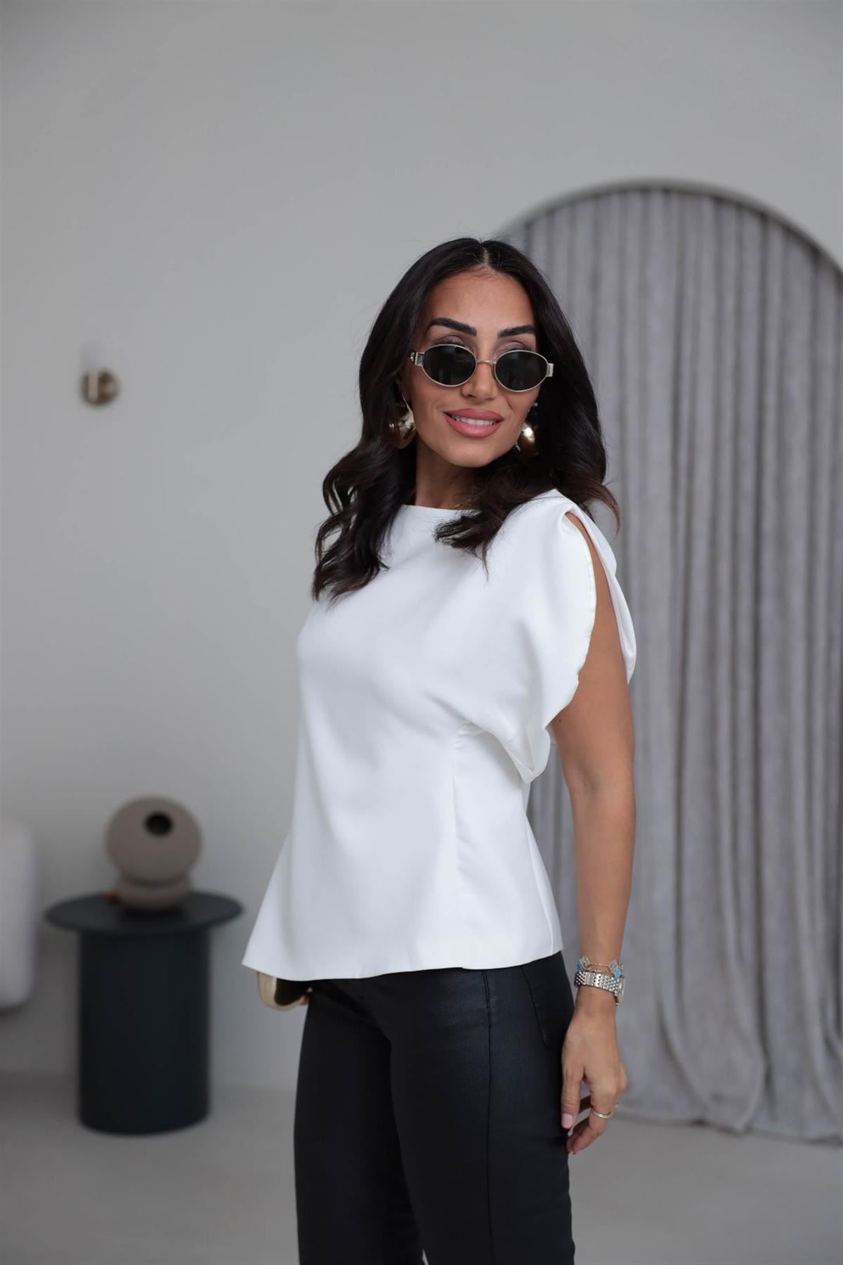 Balon Kol Asimetrik Bluz BEYAZ