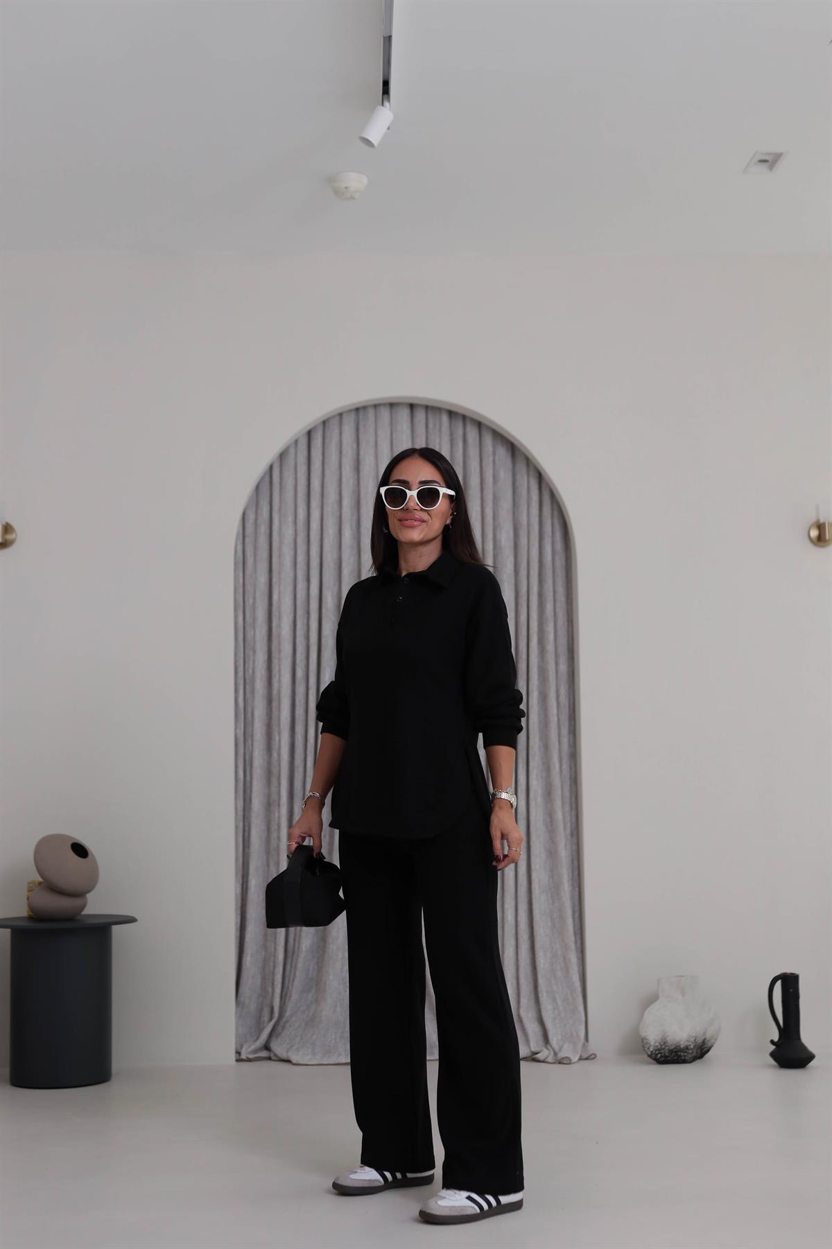 2411 Selanik Polo Yaka Yarım Düğmeli Rahat Takım SİYAH