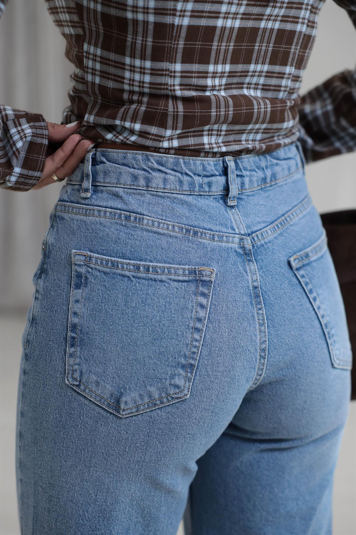 1071 Yüksek Bel Dökümlü Palazzo Jean ORTA MAVİ