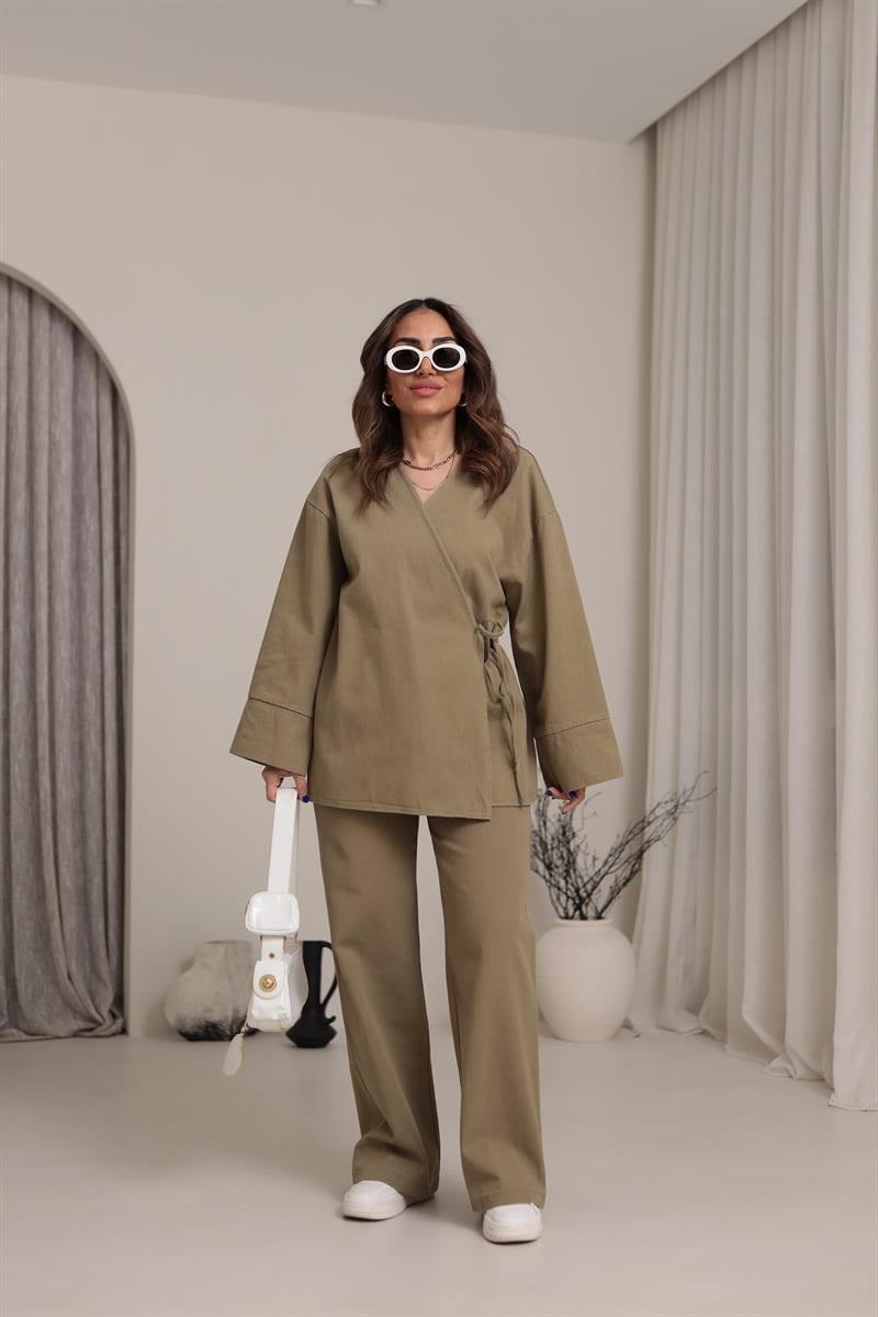 8629 Duble Kol Önden Bağlamalı Ceket & Pantolon Takım HAKİ YEŞİL