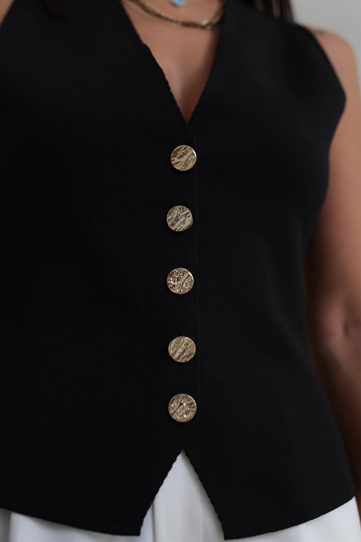 Gold Düğme Detaylı Rayon Kumaş Yelek SİYAH