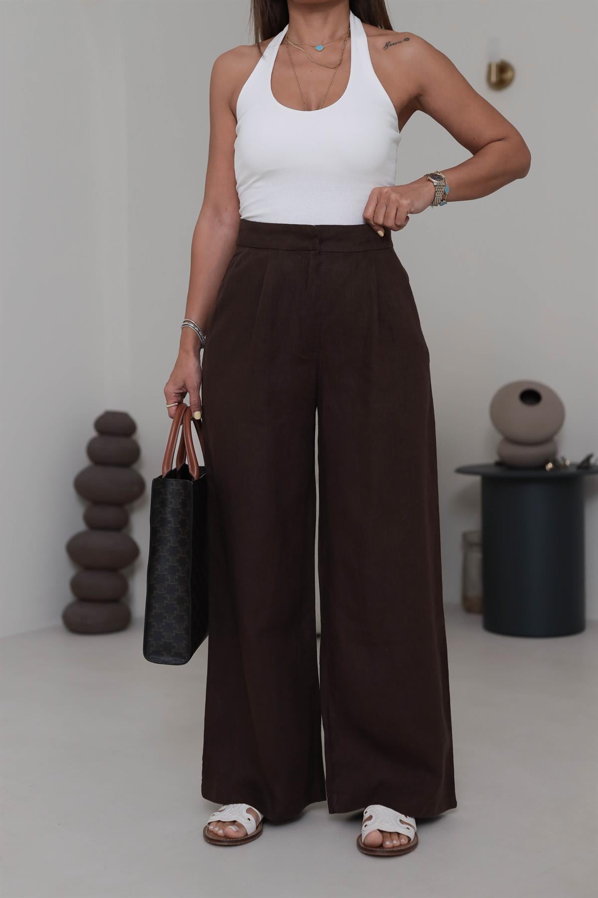 1448 Yüksek Bel Bol Paça Ham Keten Palazzo Pantolon ACI KAHVE