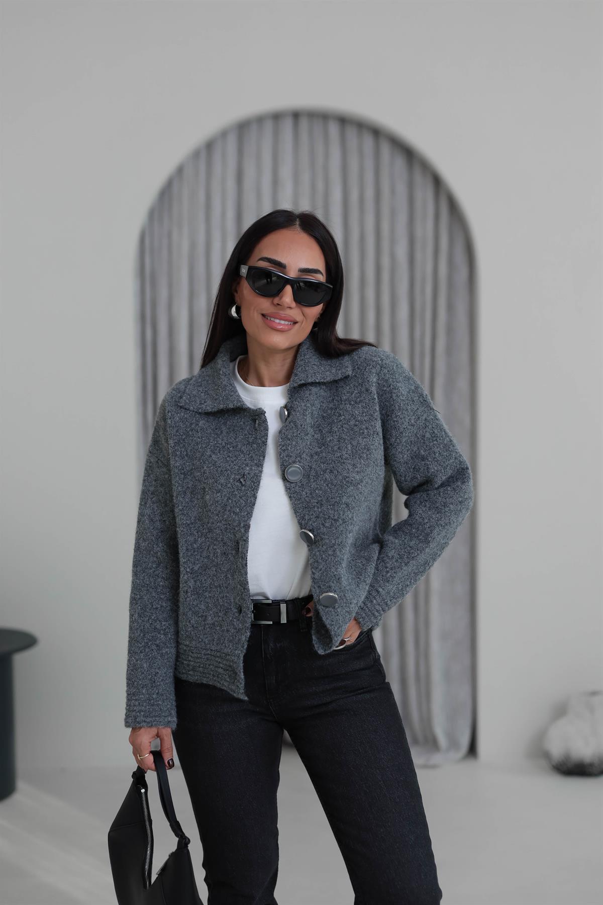 5086 Büyük Düğmeli Polo Yaka Hırka Ceket ANTRASİT