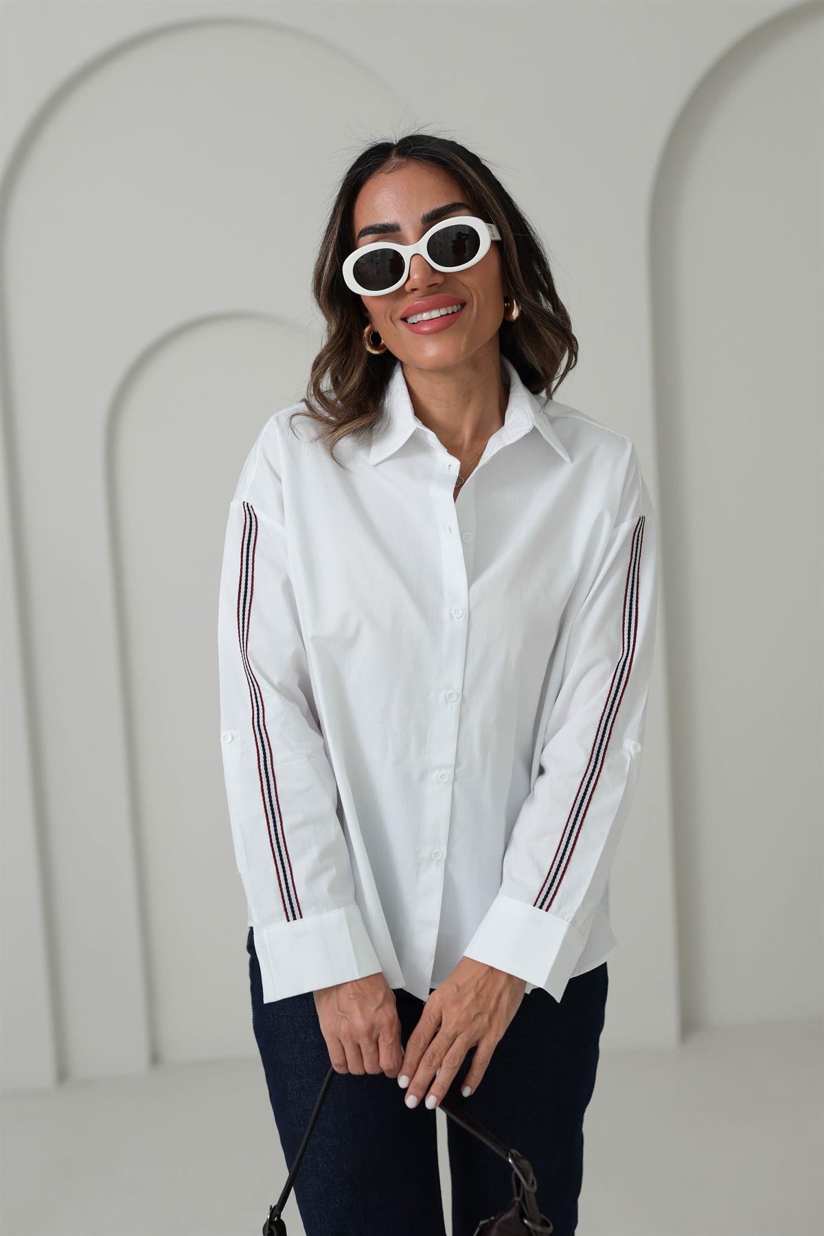 6431 Kol Katlamalı Biyeli Gömlek BEYAZ