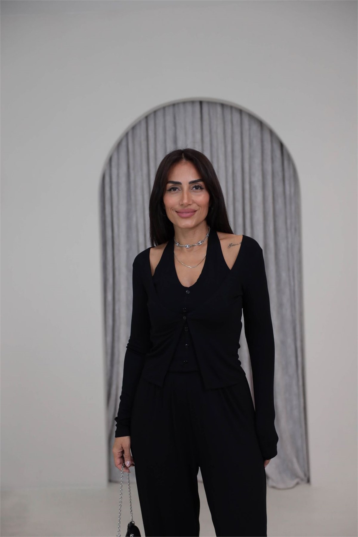 3583 Çift Katman Detaylı Takım SİYAH