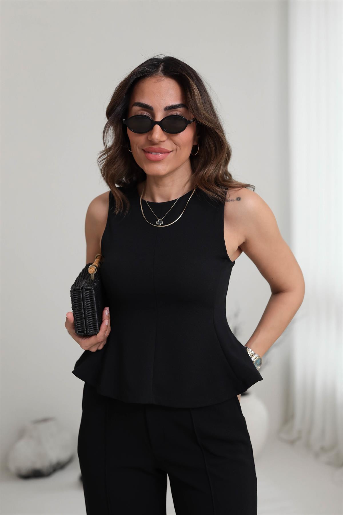 7169 Sıfır Kol Örme Bluz Pantolon Takım SİYAH