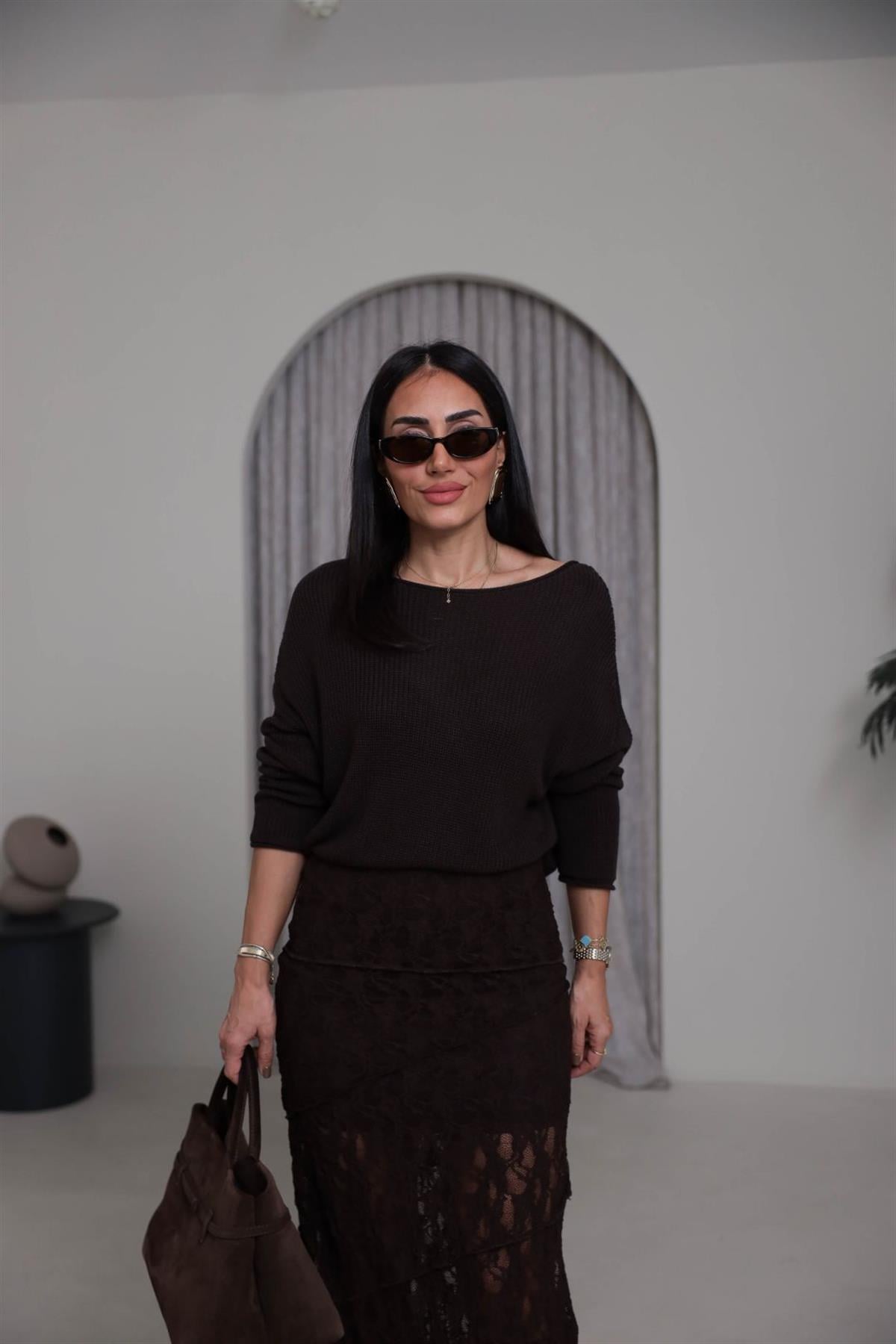 0804 Kayık Yaka Basic Triko Kazak KAHVE