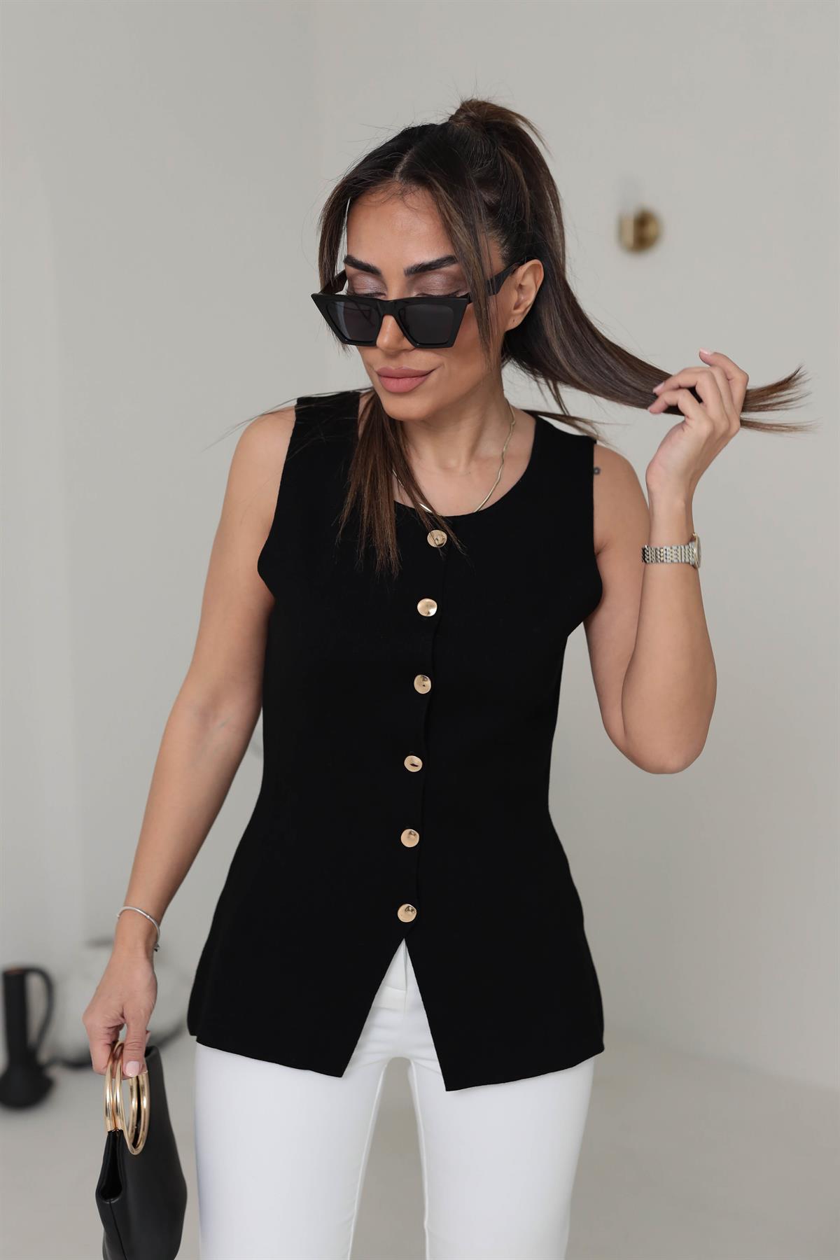 0291 Bisiklet Yaka Düğmeli Triko Yelek SİYAH