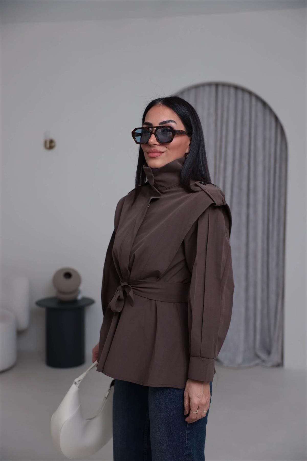7623 Dik Yaka Geniş Omuz Kuşaklı Trençkot KAHVE