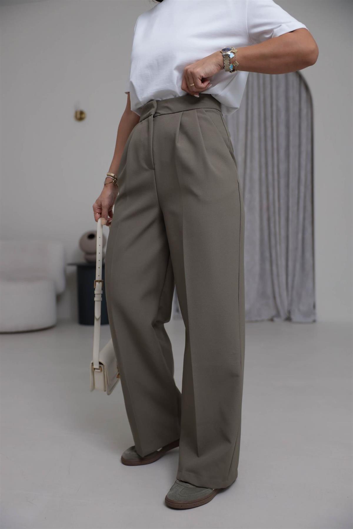 3869 Çift Pilili Kumaş Pantolon HAKİ YEŞİL