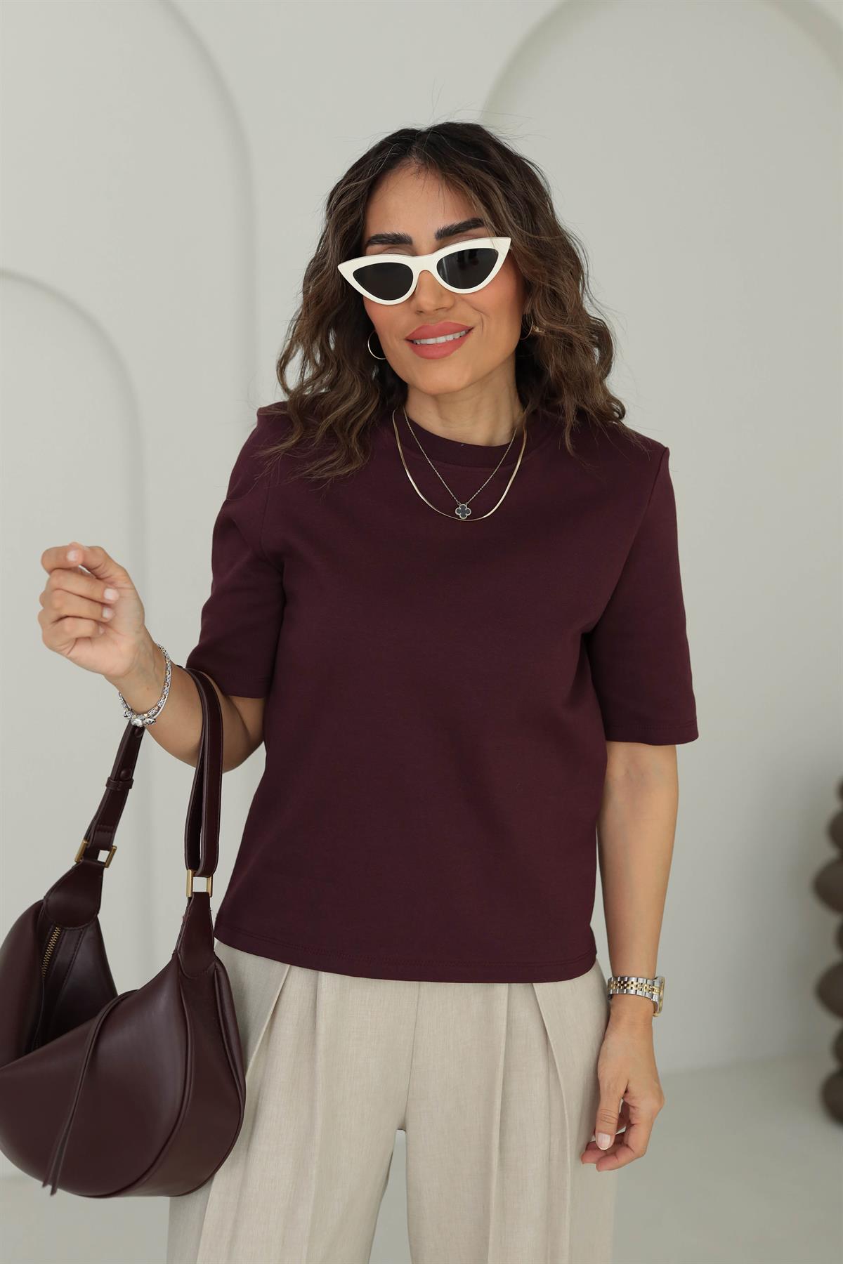 1134 Vatkalı Kalın Dokulu Tshirt BORDO