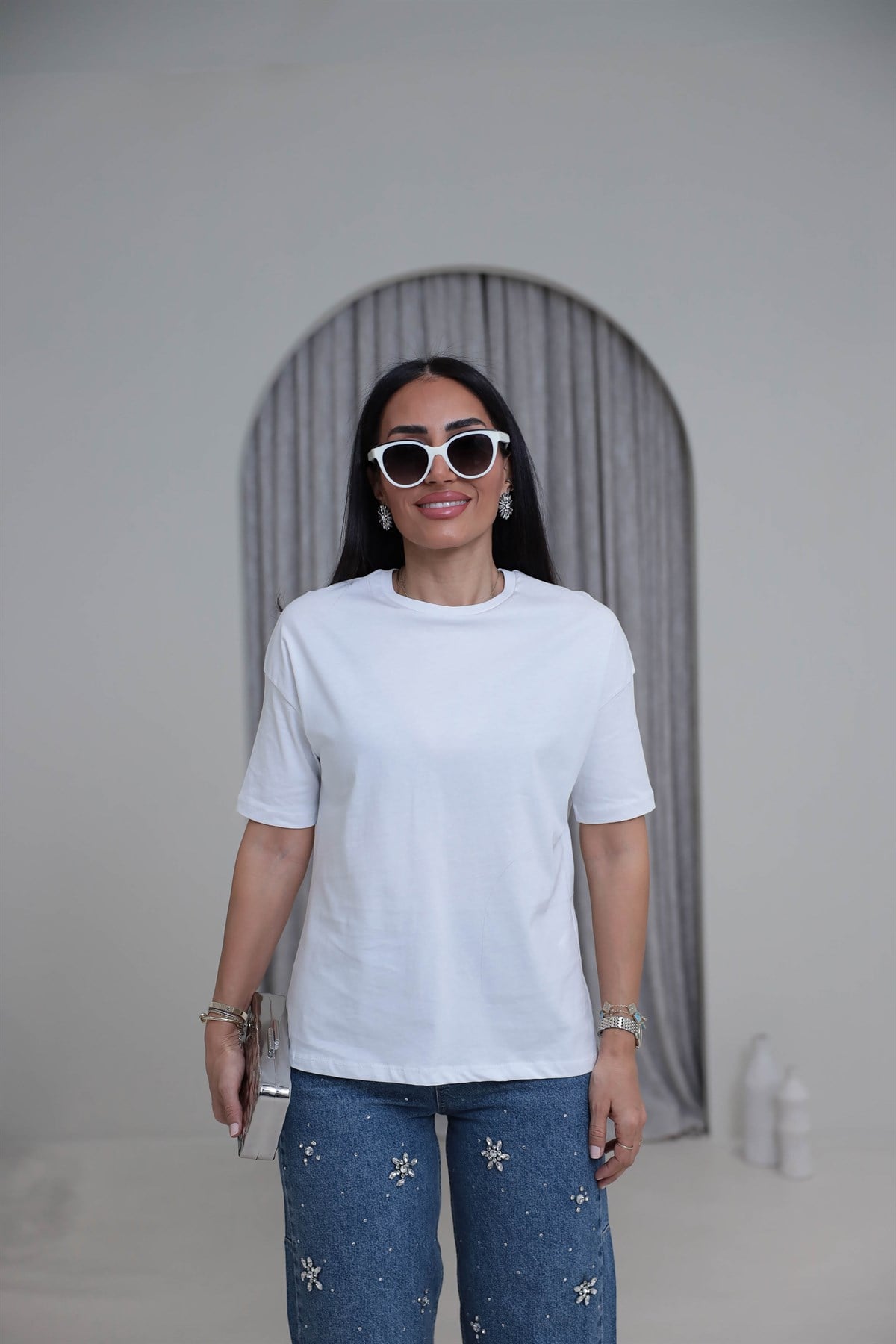 3683Y Bisiklet Yaka Pamuklu Basic Tshirt BEYAZ