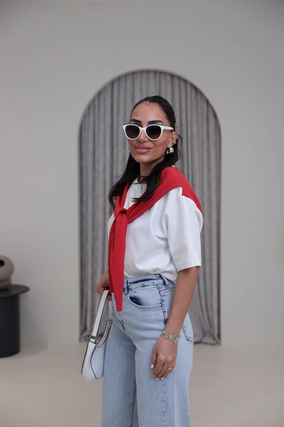 0688 Şal Detaylı Pamuklu Tshirt KIRMIZI