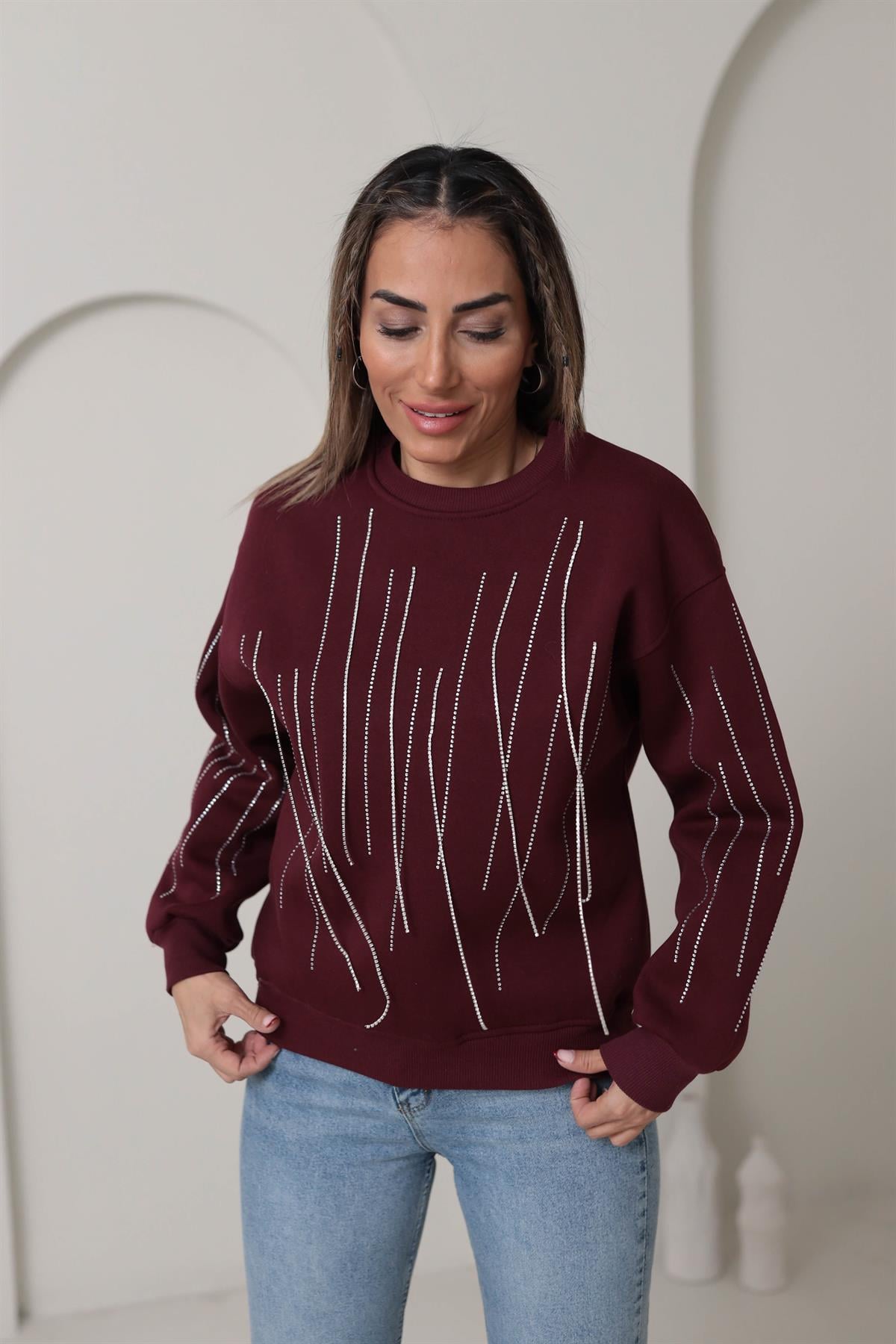 5653 Taş Zincir Detaylı Şardonlu Sweatshirt BORDO