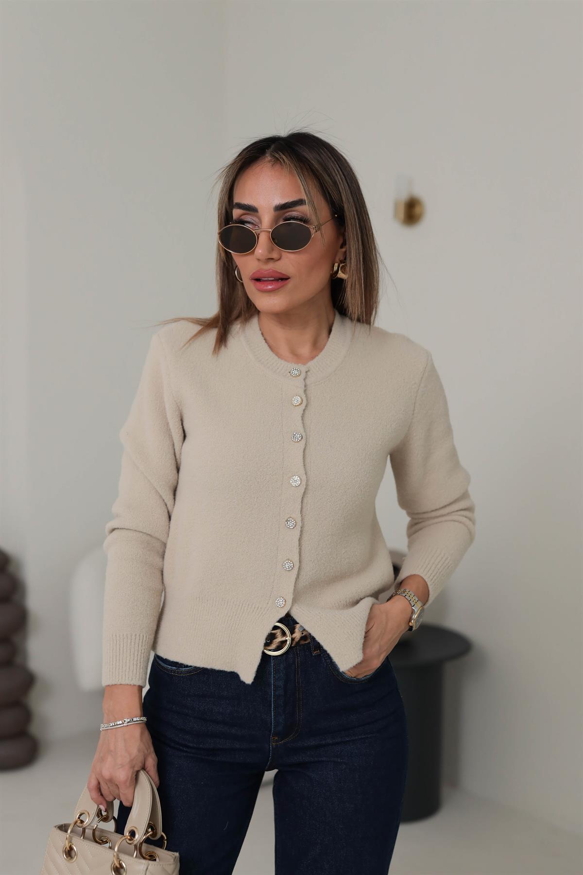 2436 Bisiklet Yaka Taş Düğmeli Yumoş Hırka BEJ